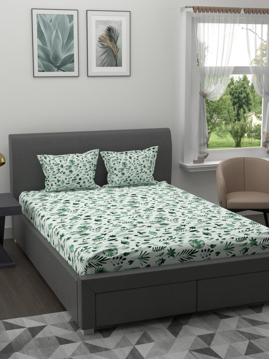 Trident White & Green Floral 200 TC Cotton 1 King Bedsheet with 2 Pillow Covers Price in India