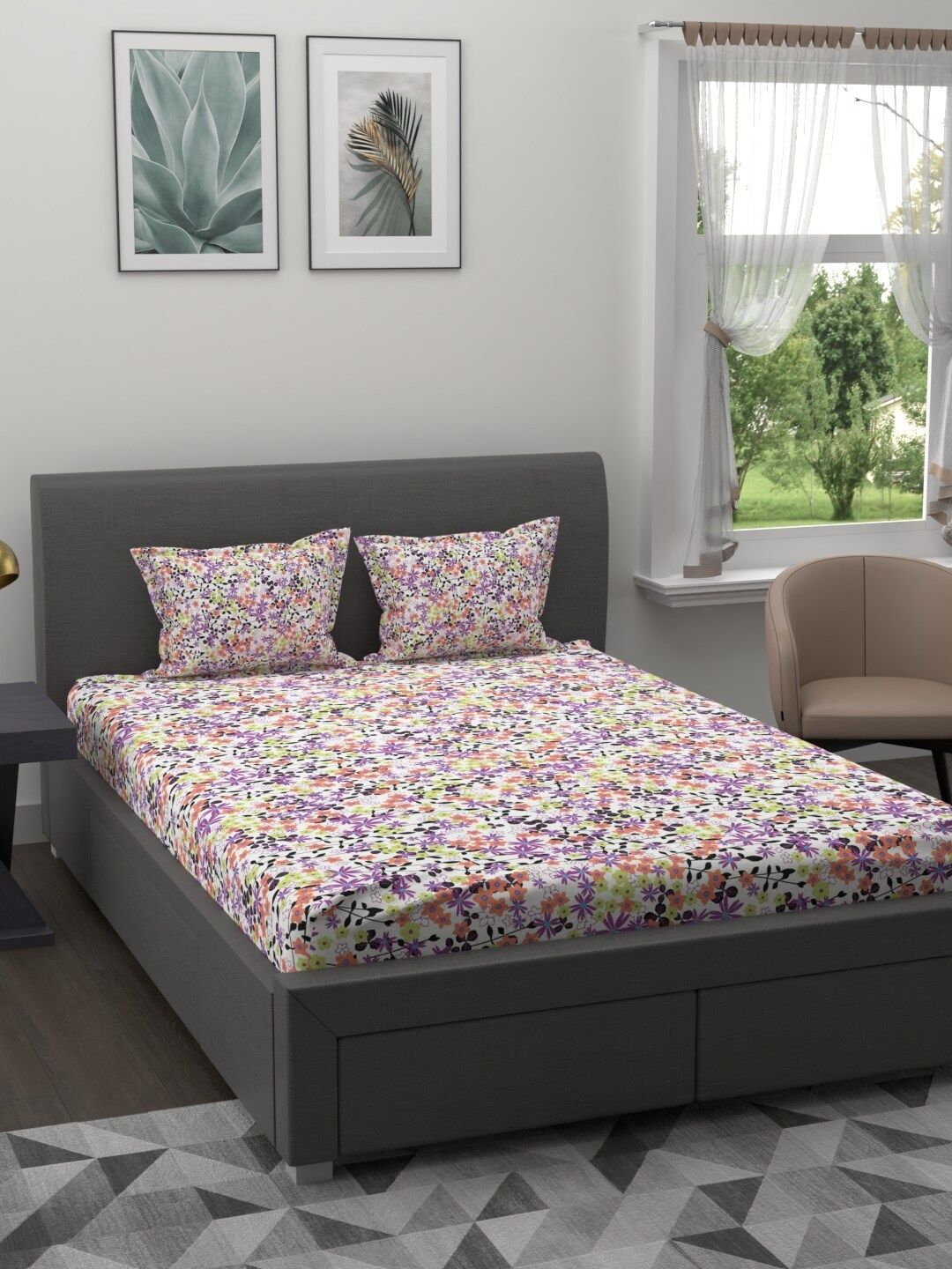 Trident White & Purple Floral 200 TC Cotton 1 King Bedsheet with 2 Pillow Covers Price in India