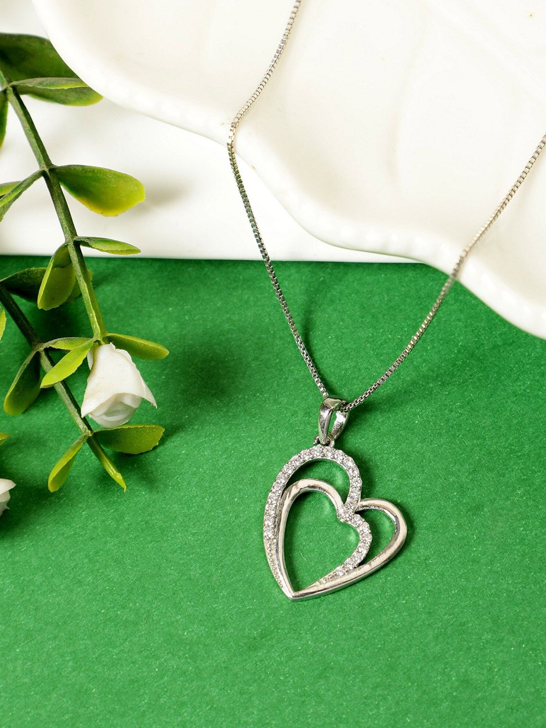 GIVA Silver-Toned 925 Sterling Silver Cubic Zirconia Double Heart Pendant Chain Price in India