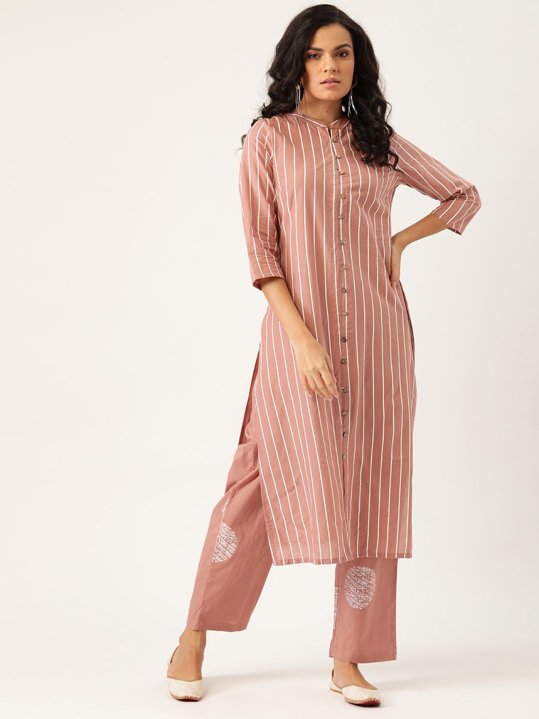 Moda Rapido Women Peach-Colored Striped Pure Cotton Kurta with Palazzos