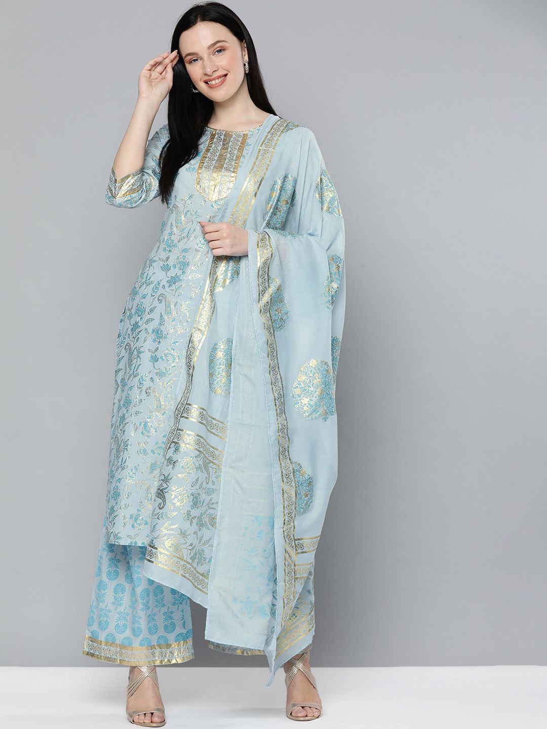HERE&NOW Women Blue Ethnic Motifs Printed Regular Pure Cotton Kurta with Palazzos & With Dupatta