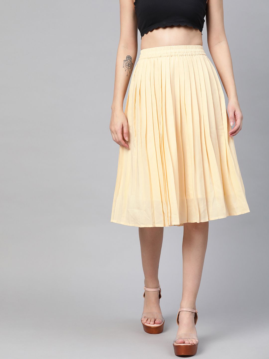 HERE&NOW Women Cream Coloured Accordion Pleated Solid A-line Skirt