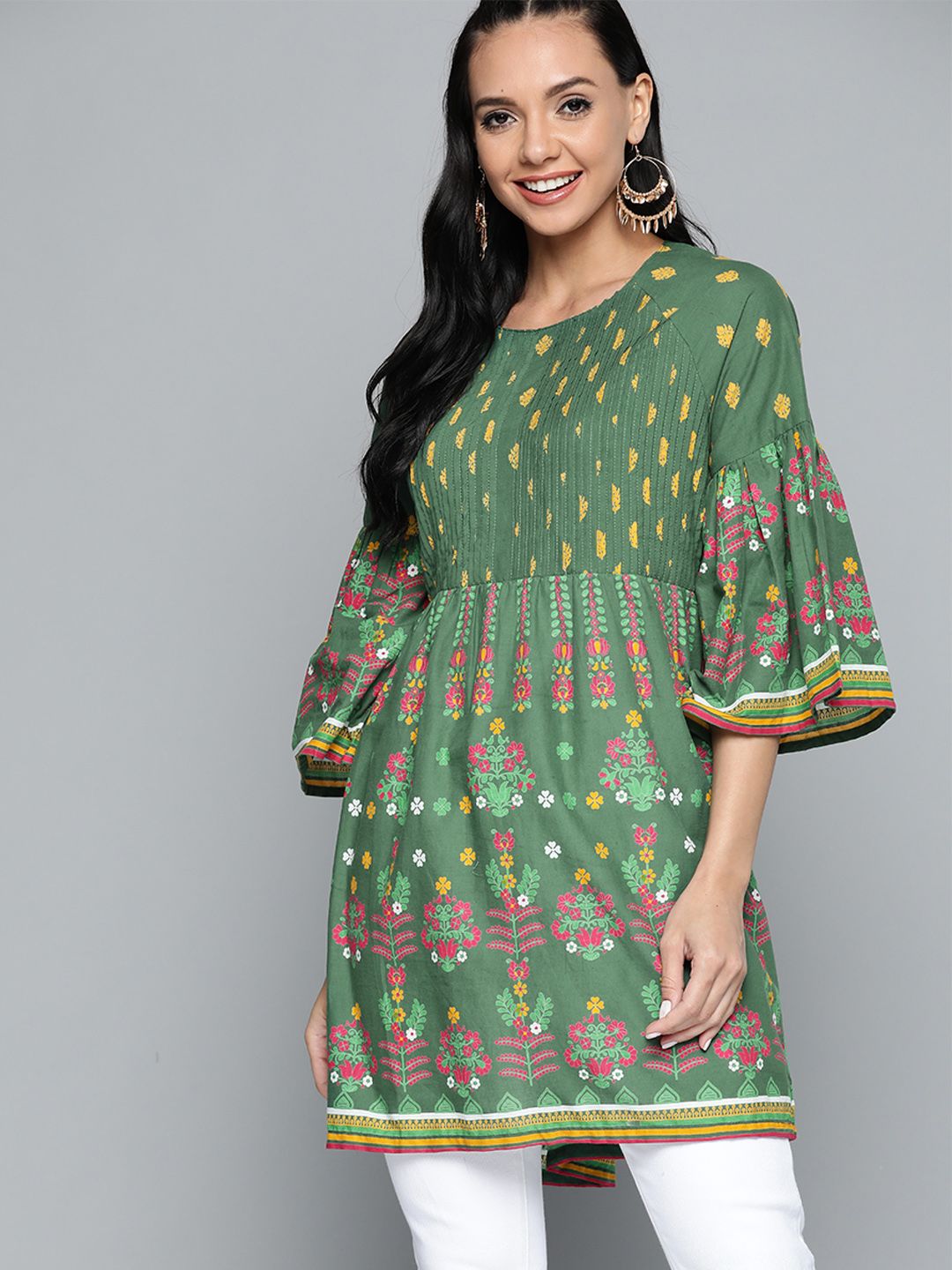 HERE&NOW Women Green & Pink Printed Pure Cotton Tunic Price in India