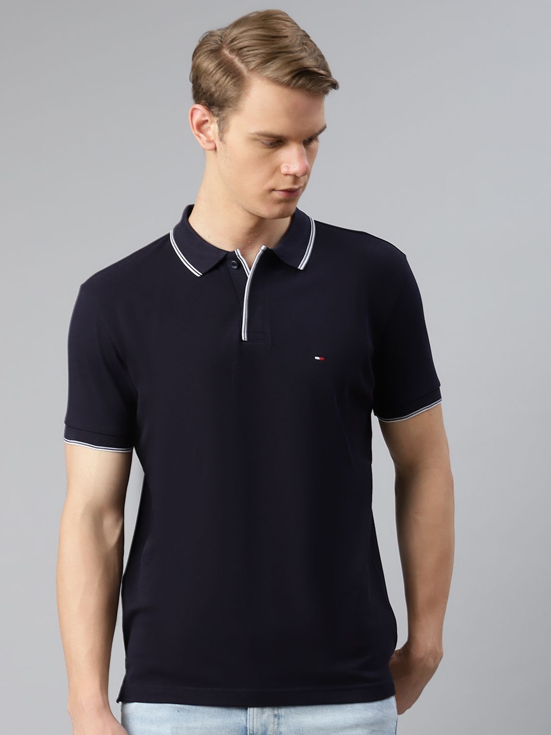 Tommy Hilfiger Men Navy Blue Solid Pure Cotton Polo Collar T-shirt