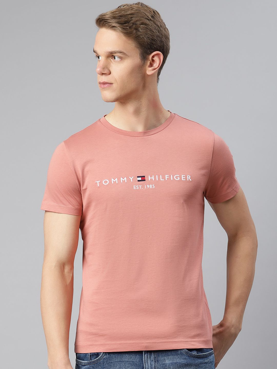 Tommy Hilfiger Men Pink Organic Cotton Brand Logo Embroidered Round Neck T-shirt