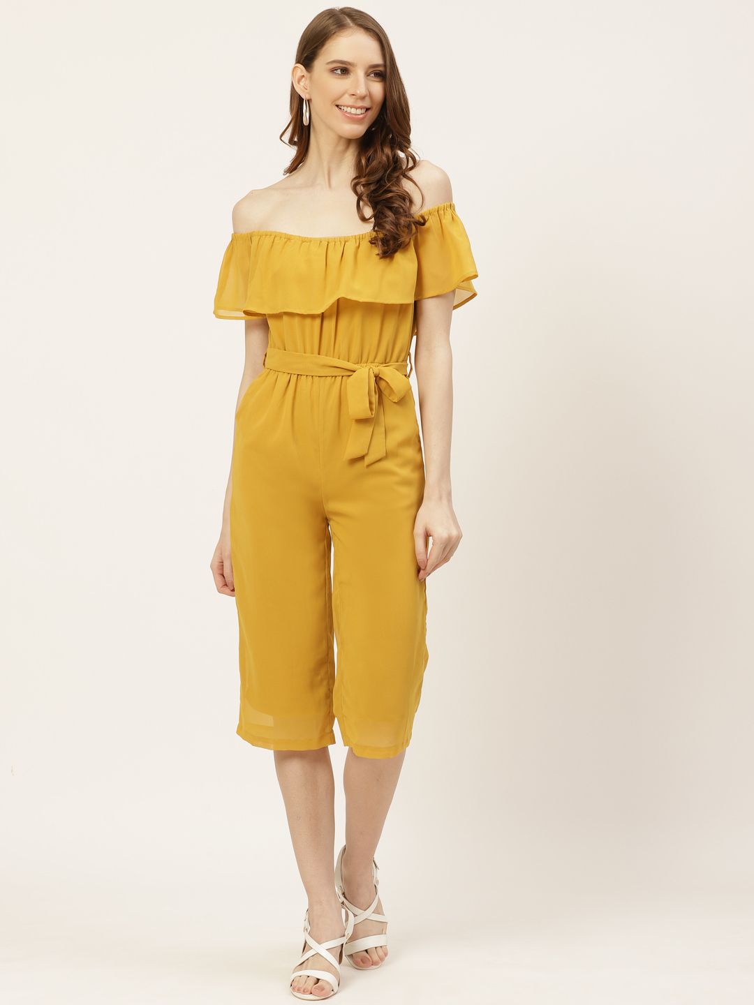 Off Label Women Mustard Solid Off-Shoulder Capri Jumpsuit Price in India