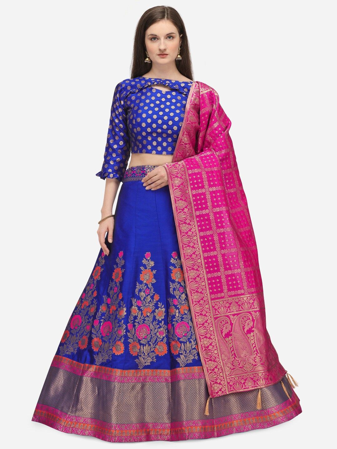 PURVAJA Blue & Pink Woven Design Semi-Stitched Lehenga & Unstitched Blouse with Dupatta