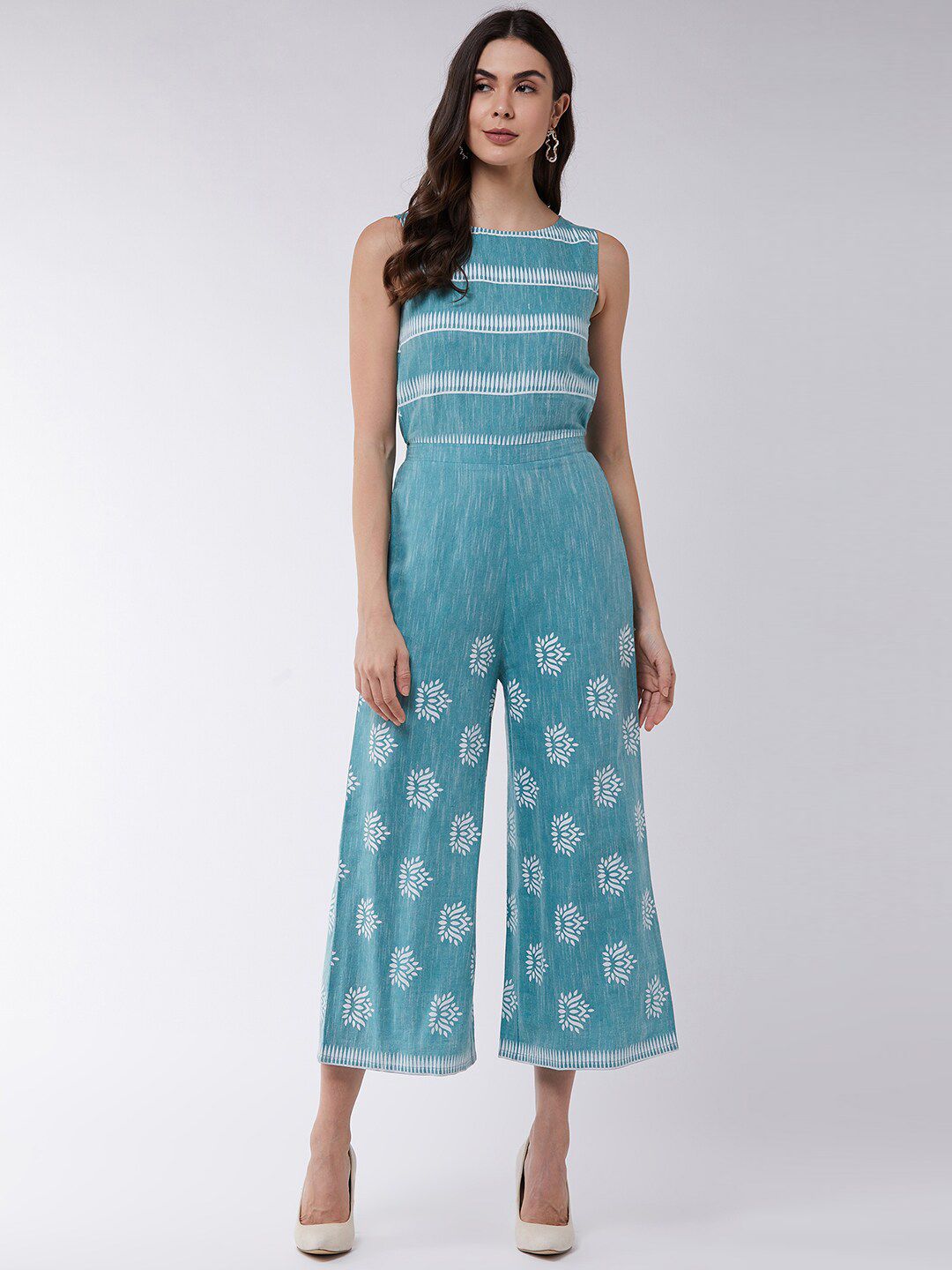 Pannkh Women Sea Green & White Printed Culotte Jumpsuit Price in India