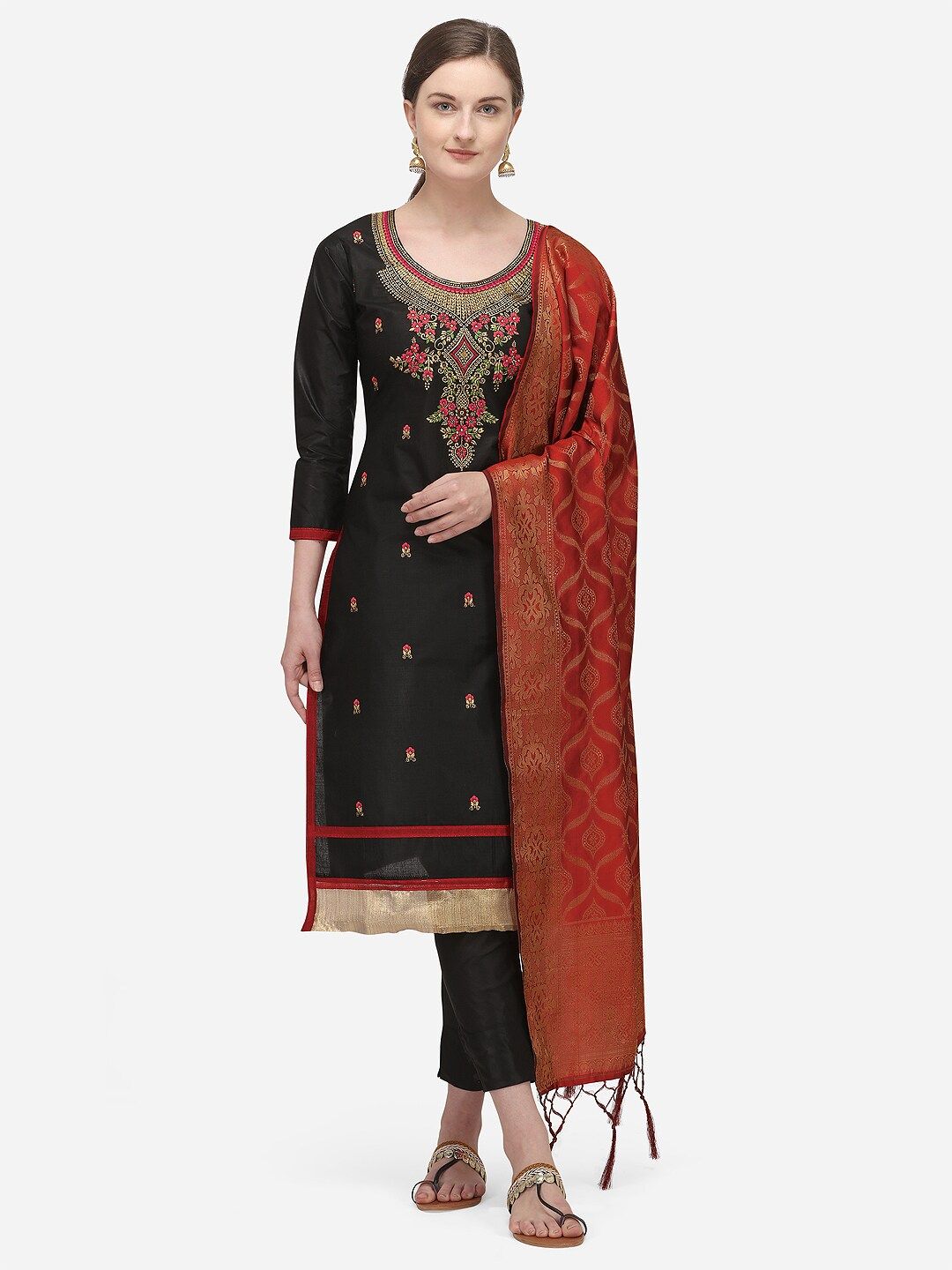 Ethnic Junction Black & Maroon Cotton Blend Unstitched Dress Material Price in India