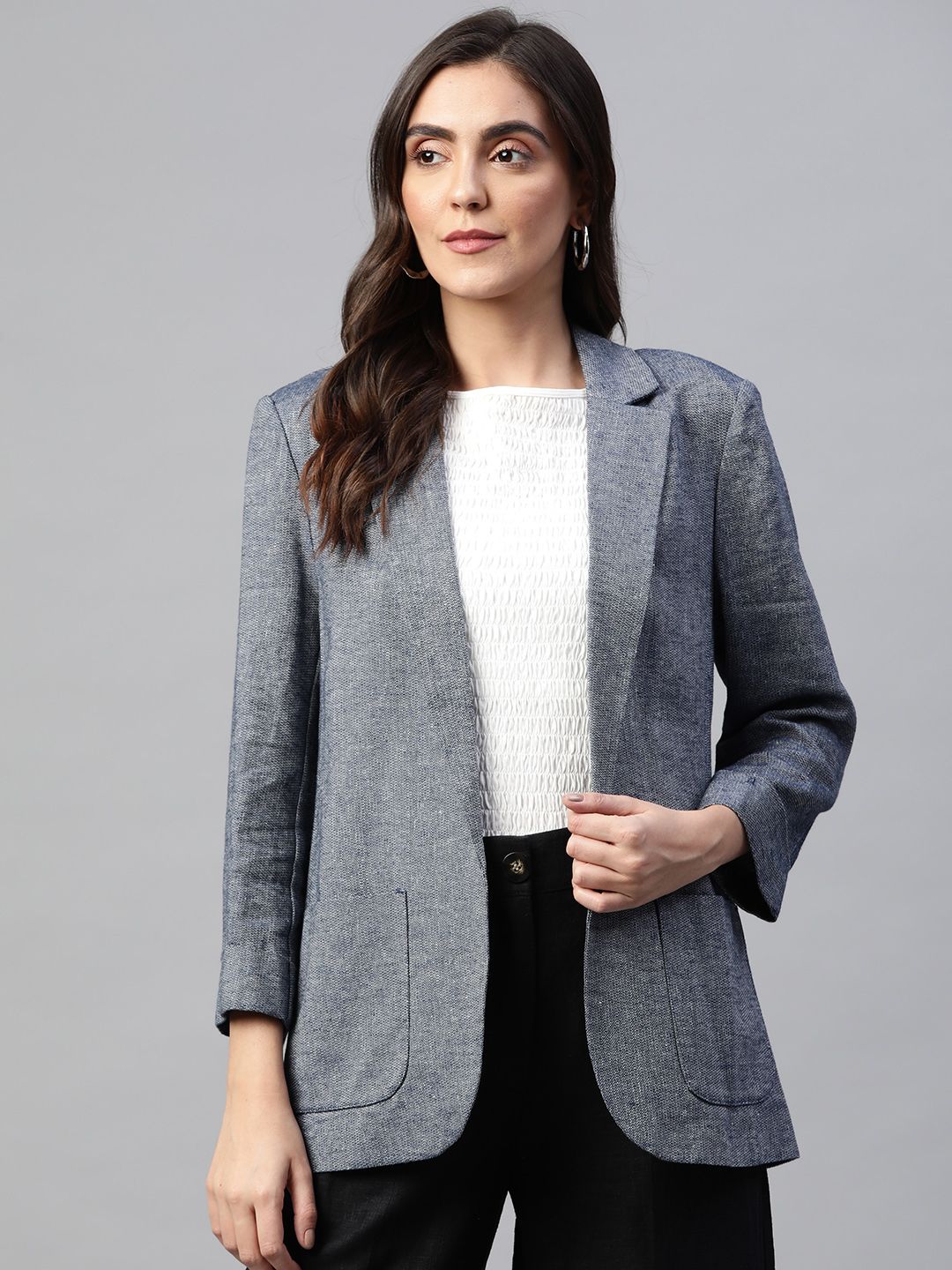Marks & Spencer Women Grey & Navy Blue Self-Design Regular Fit Front Open Blazer Price in India