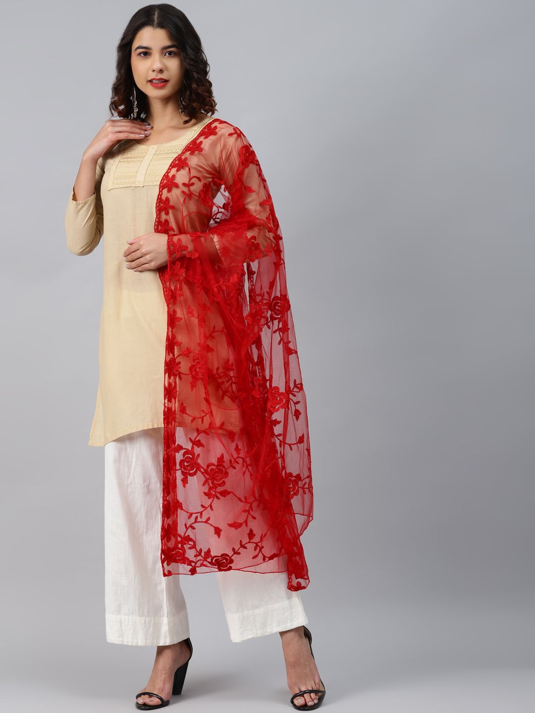 WEAVERS VILLA Red Embroidered Dupatta Price in India