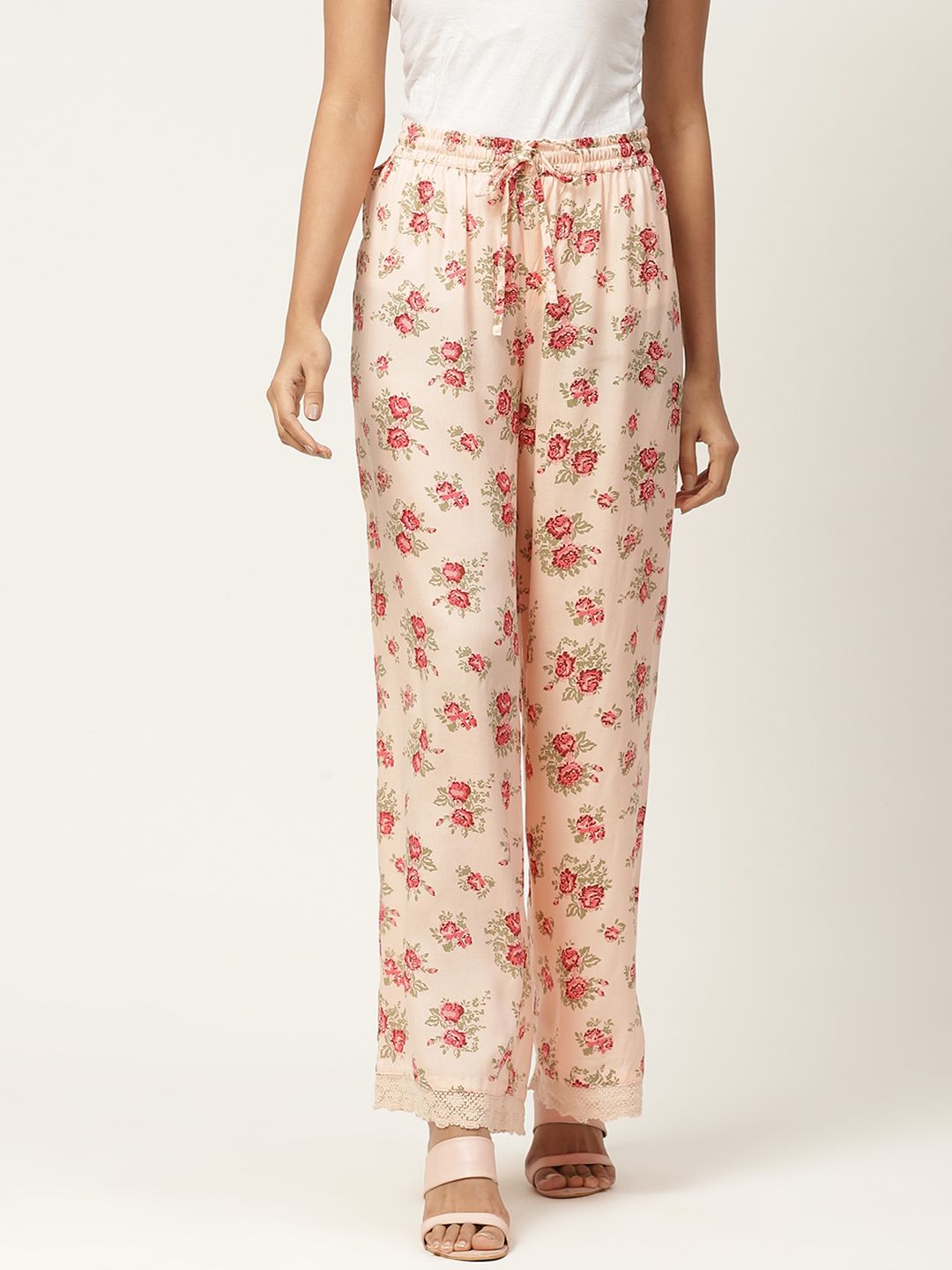 Moda Rapido Women Peach Coloured & Red Floral Printed Palazzos