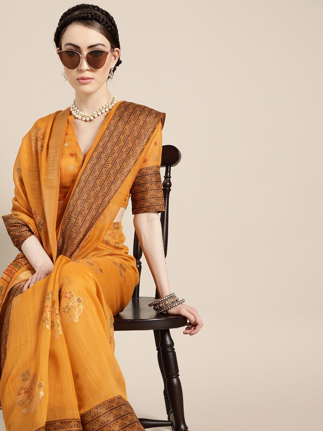Saree Mall Rich Mustard and Gold Linen Blend Saree Price in India