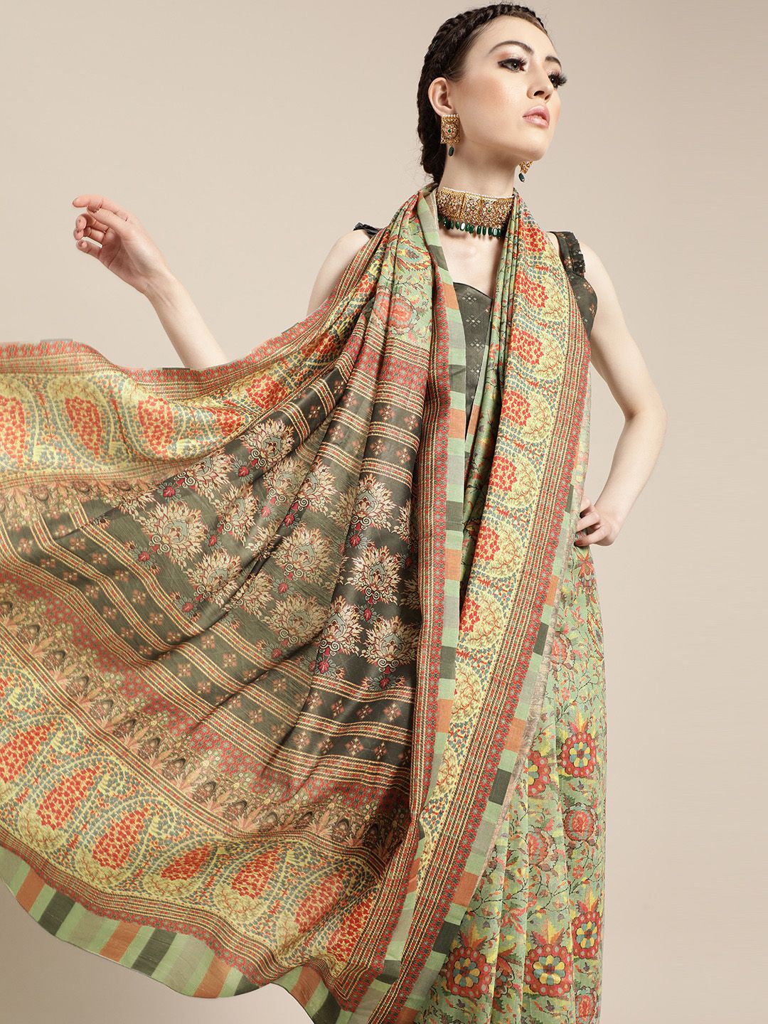 Saree Mall Elegant Green and Orange Poly Silk Saree Price in India