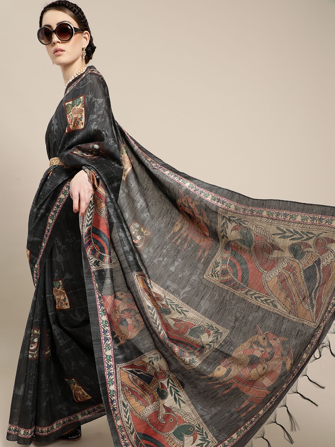 Saree Mall Intense Charcoal and Beige Art Silk Saree Price in India