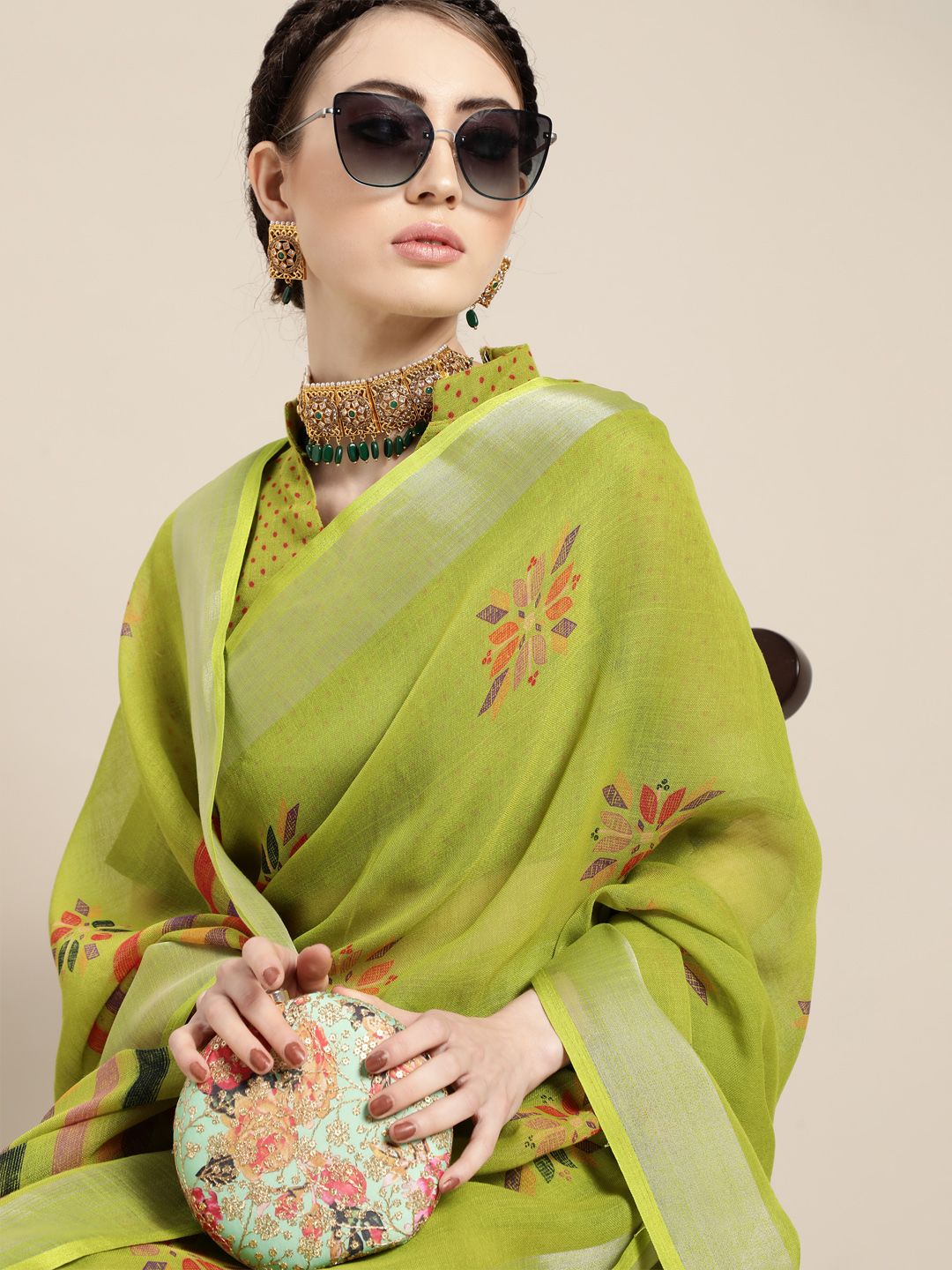 Saree Mall Elegant Green and Orange Linen Blend Saree Price in India
