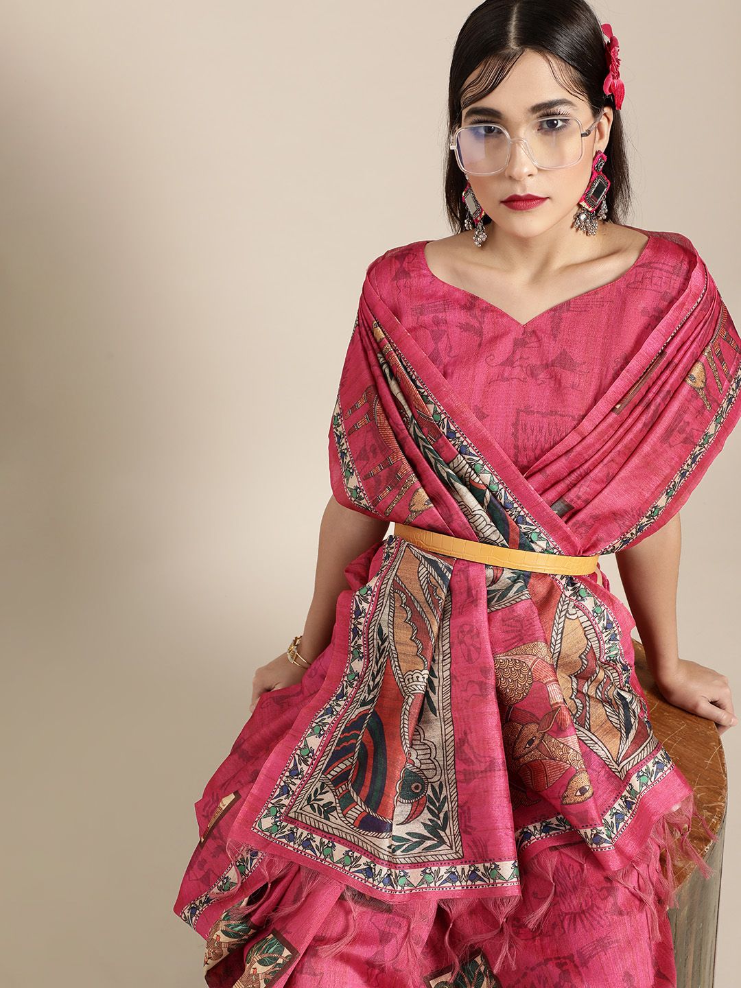 Saree Mall Stylish Pink and Off White Art Silk Saree Price in India