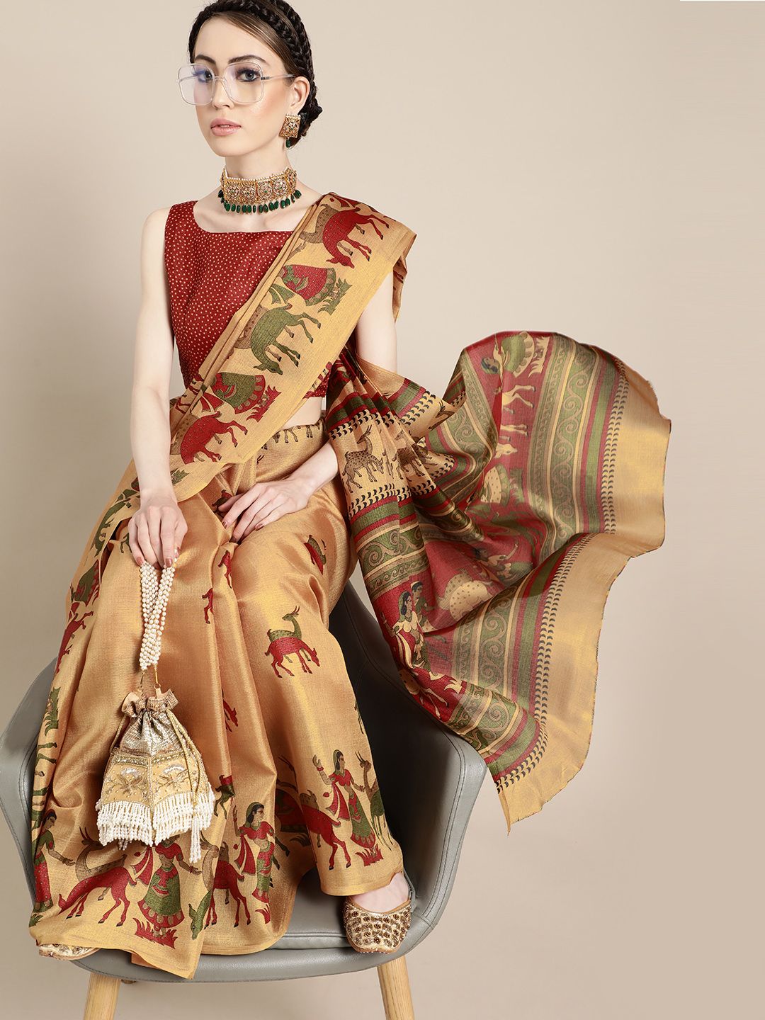 Saree Mall Creamy Mustard and Red Art Silk Saree Price in India