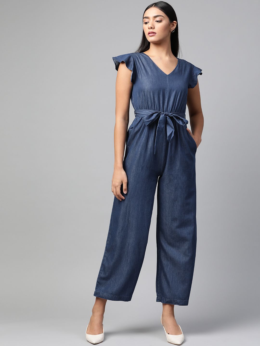 Allen Solly Woman Blue Solid Chambray Basic Jumpsuit Price in India