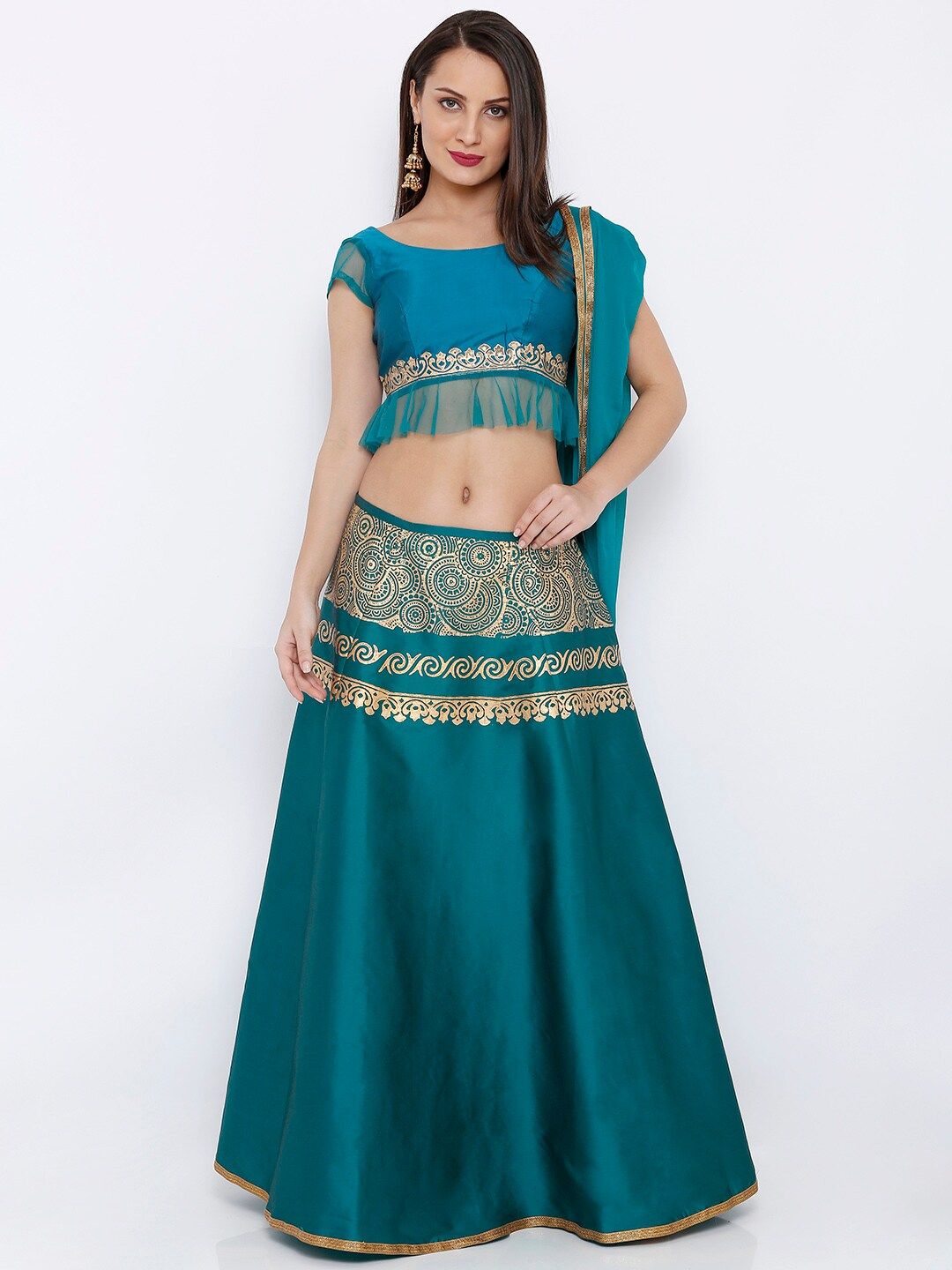 Ira Soleil Blue & Gold-Toned Printed Ready to Wear Lehenga & Blouse with Dupatta