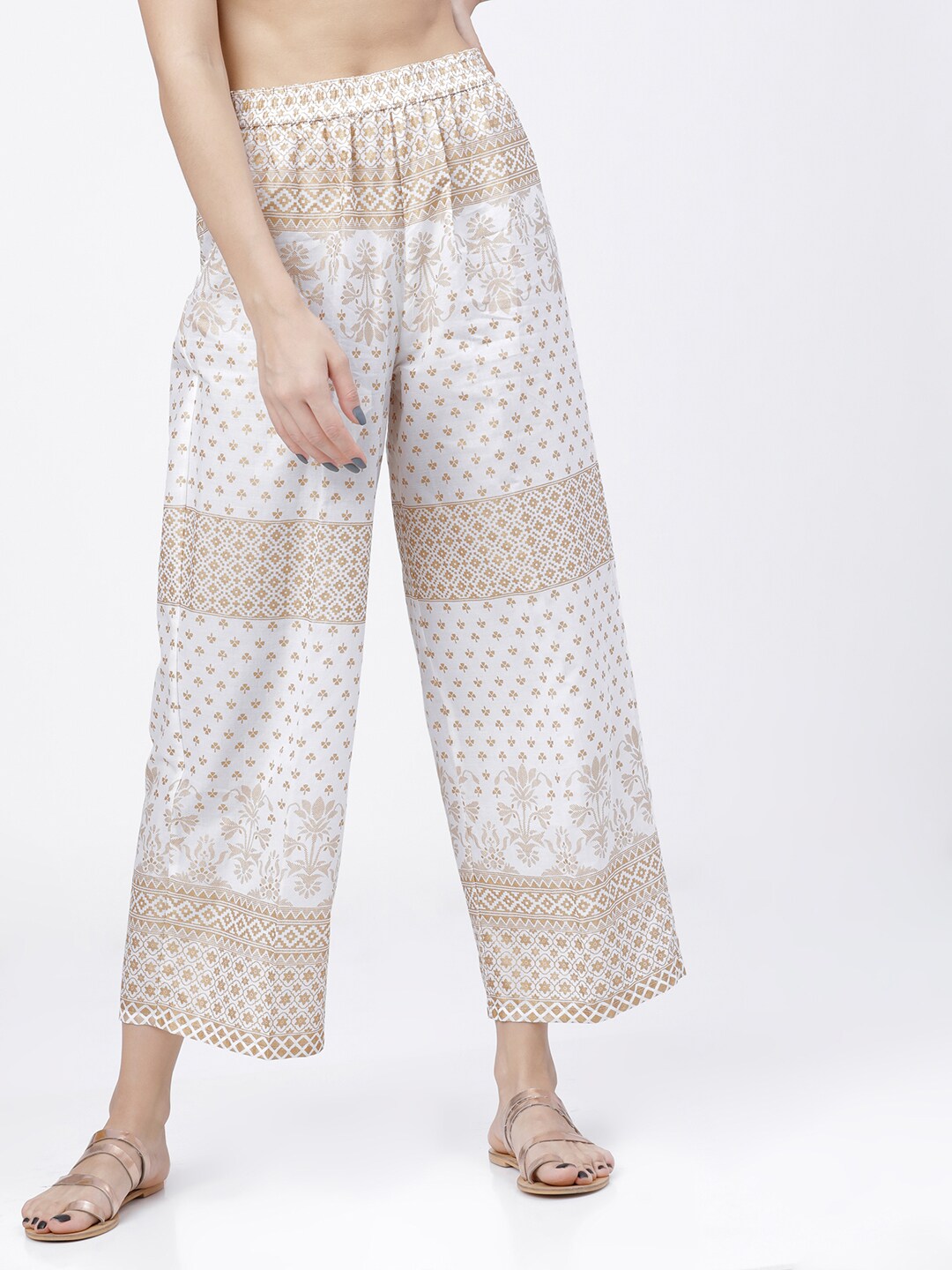 Vishudh Women Cream-Coloured & Gold-Toned Printed Straight Palazzos Price in India