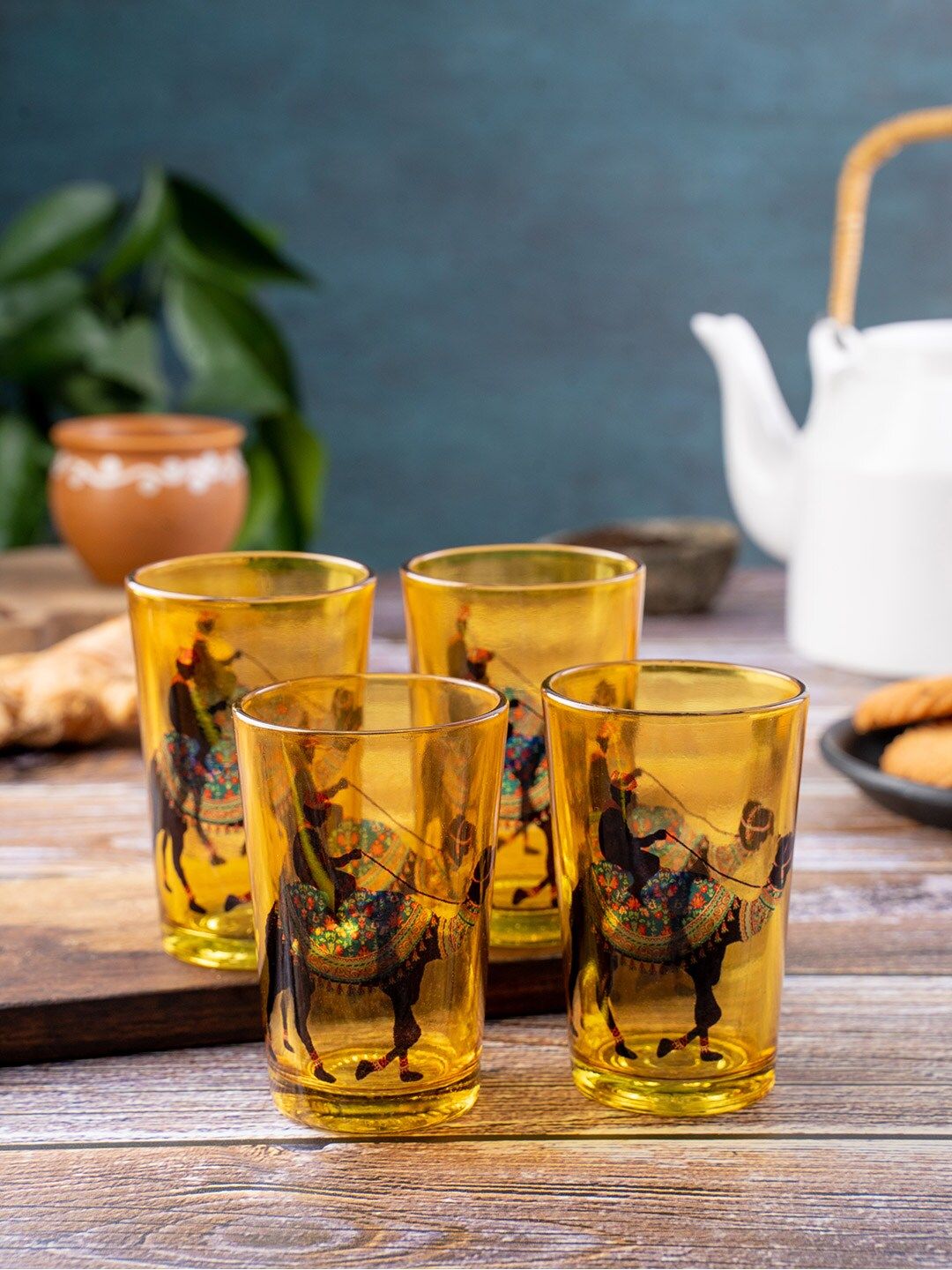 Kolorobia Yellow & Black Printed 4 Pieces Camel Glory Chai Glass Set Price in India
