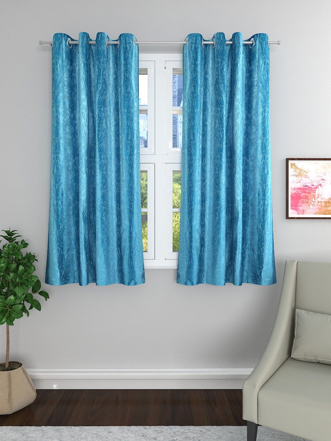 ROMEE Turquoise Blue Set of 2 Room Darkening Window Curtains Price in India