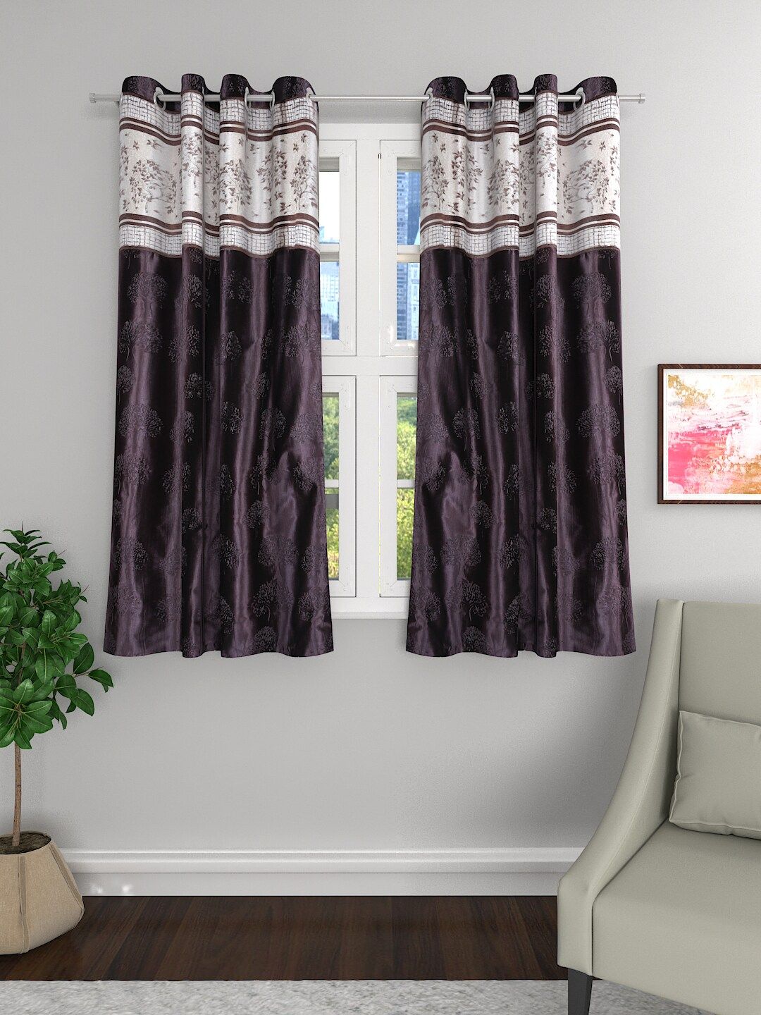 ROMEE Coffee Brown & White Set of 2 Room Darkening  Window Curtains Price in India