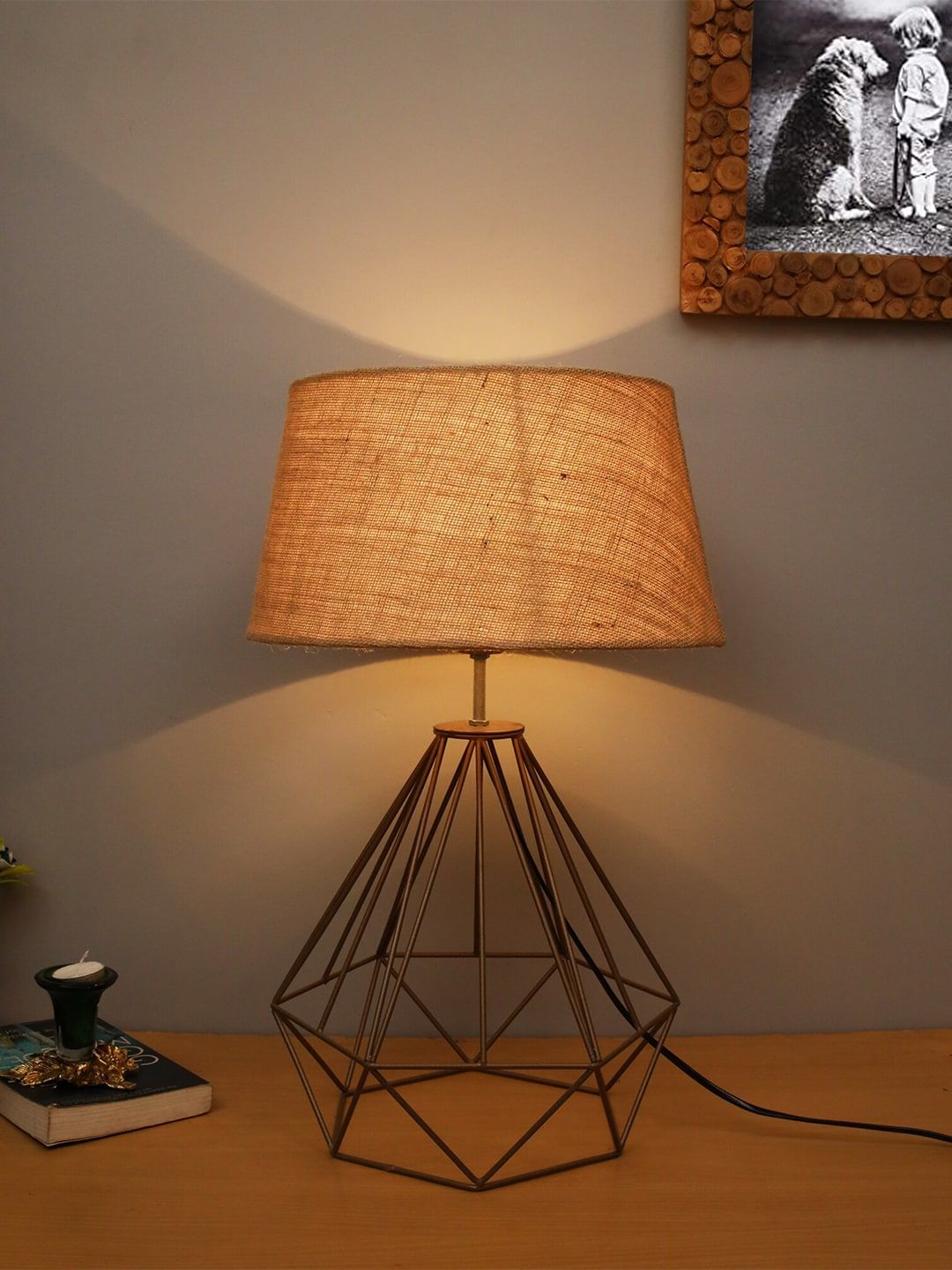 Homesake Beige & Gold-Toned Self Design Contemporary Bedside Standard Lamp with Shade Price in India