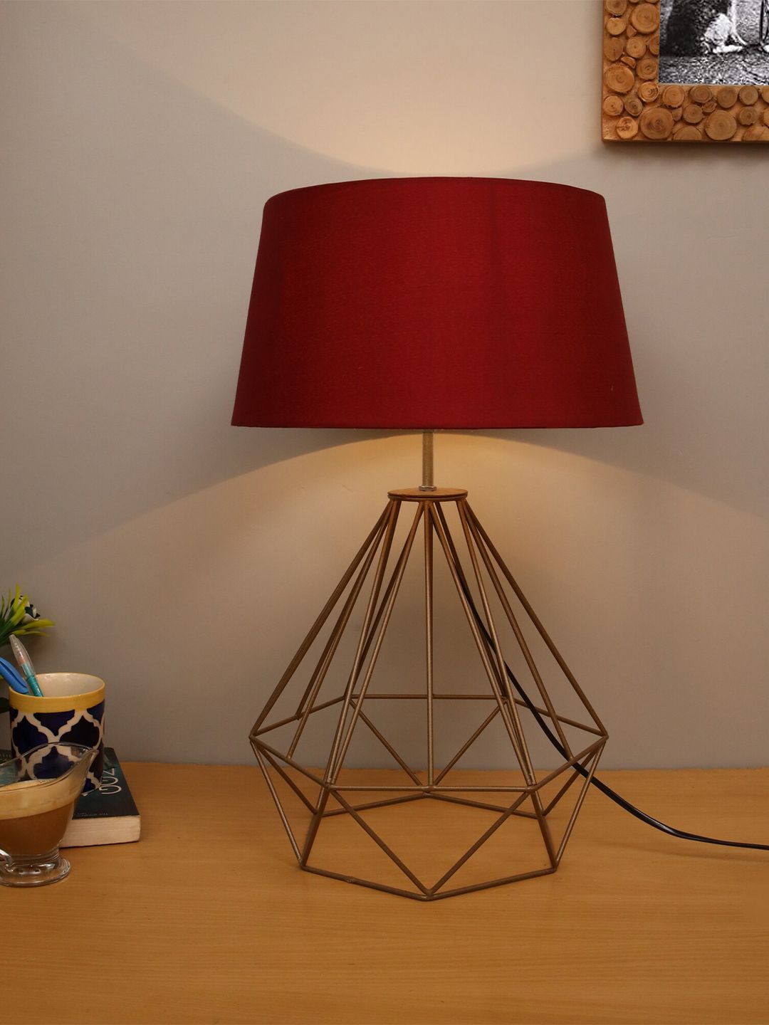 Homesake Red & Gold-Toned Solid Contemporary Bedside Lamp with Shade Price in India