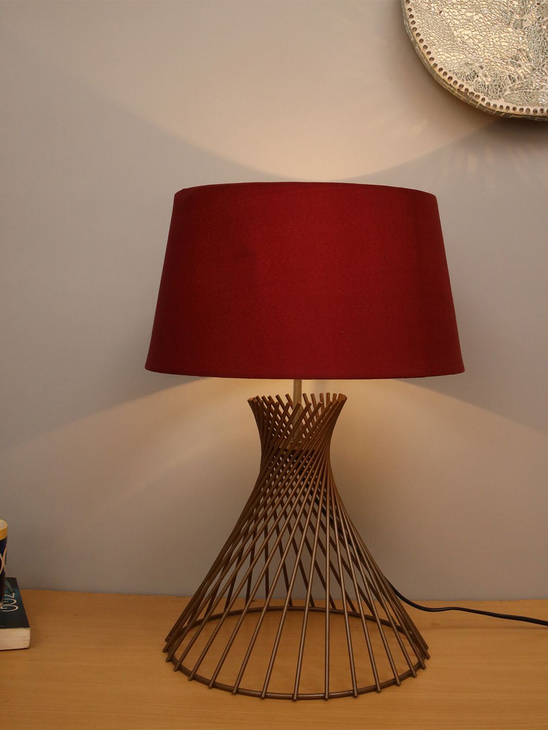 Homesake Red & Golden Self Design Spiral Metal Contemporary Bedside Lamp with Shade Price in India