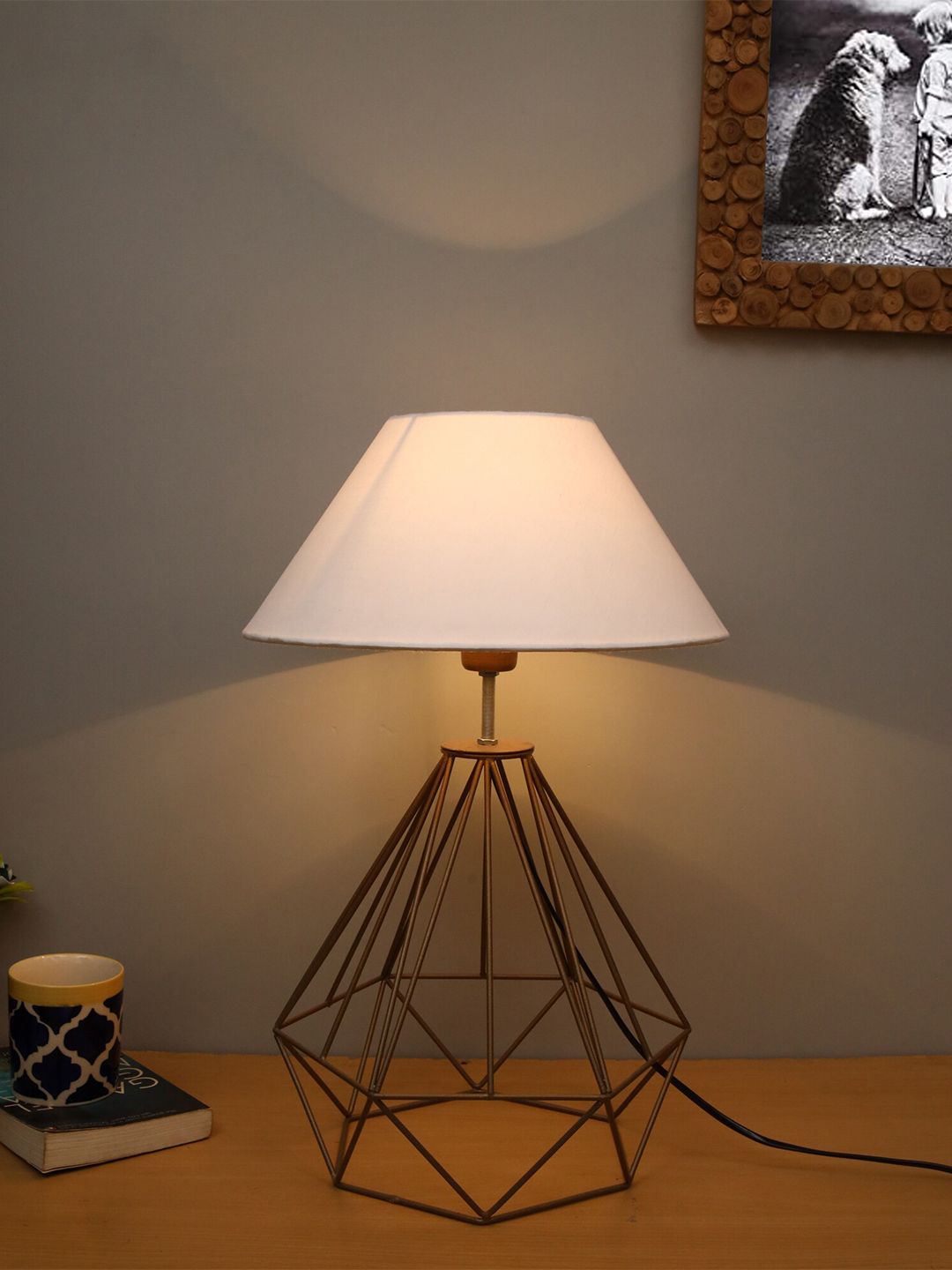 Homesake White & Gold-Toned Self Design Contemporary Bedside Lamp with Shade Price in India