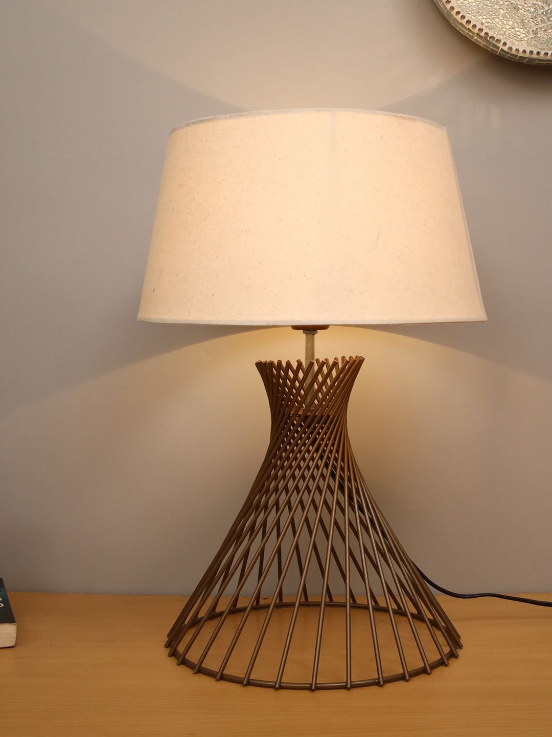 Homesake Off-White & Golden Self Design Contemporary Frustum Bedside Lamp Price in India