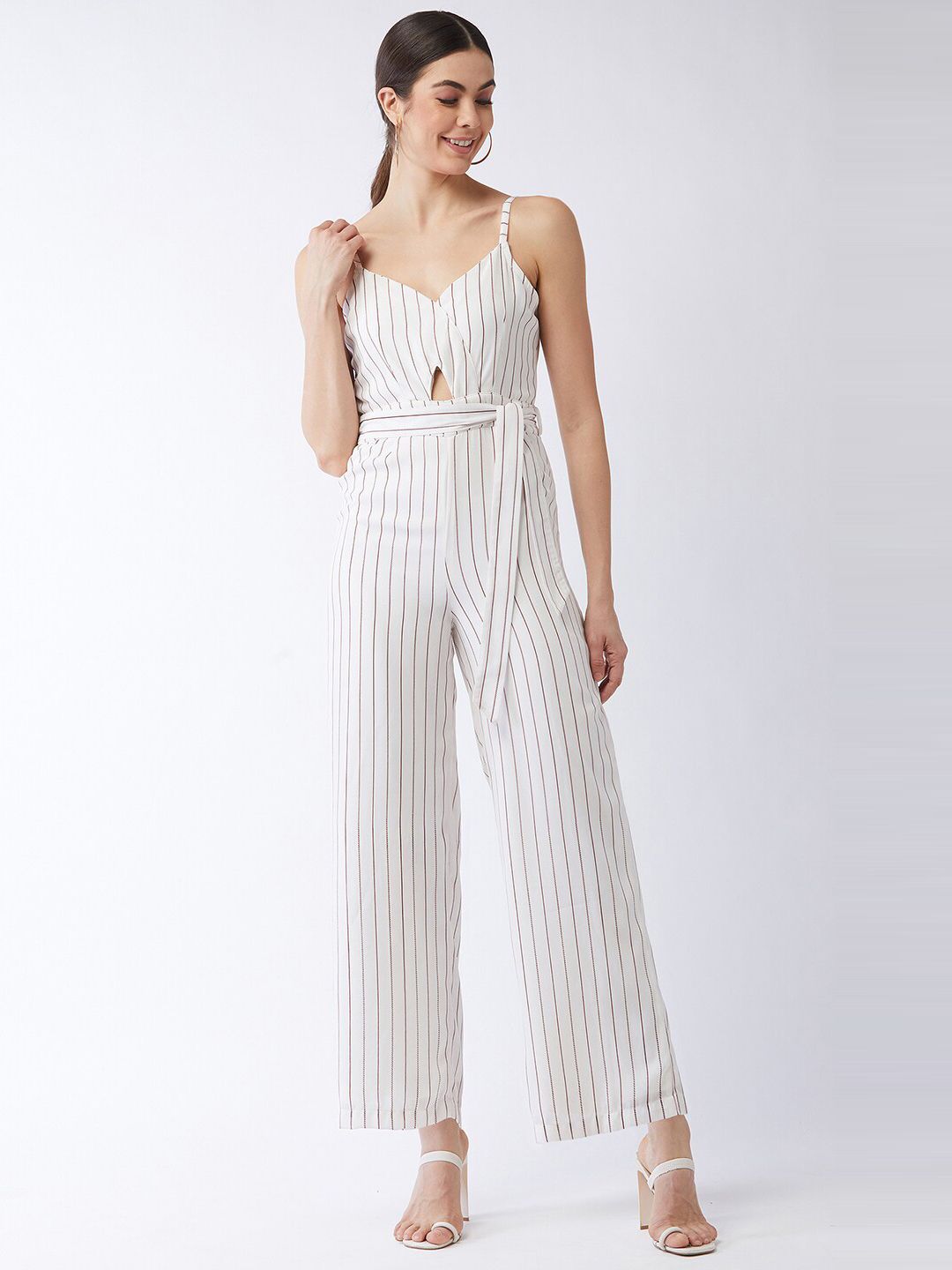 MAGRE Women White & Brown Striped Jumpsuit Price in India