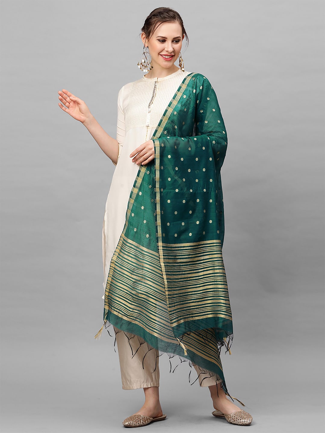 Indo Era Green & Gold-Toned Woven Design Dupatta Price in India