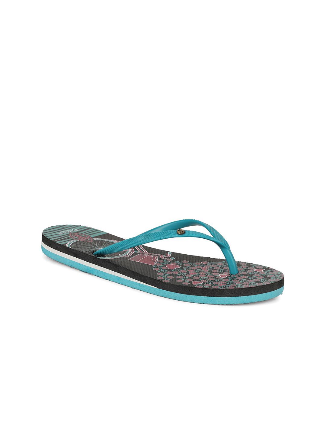 Bata Women Black & Turquoise Blue Printed Thong Flip-Flops Price in India