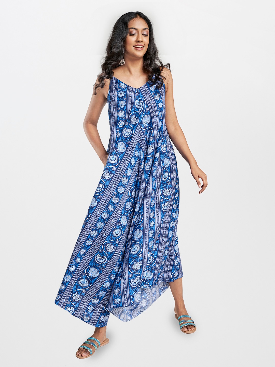 Global Desi Blue Printed Basic Jumpsuit Price in India