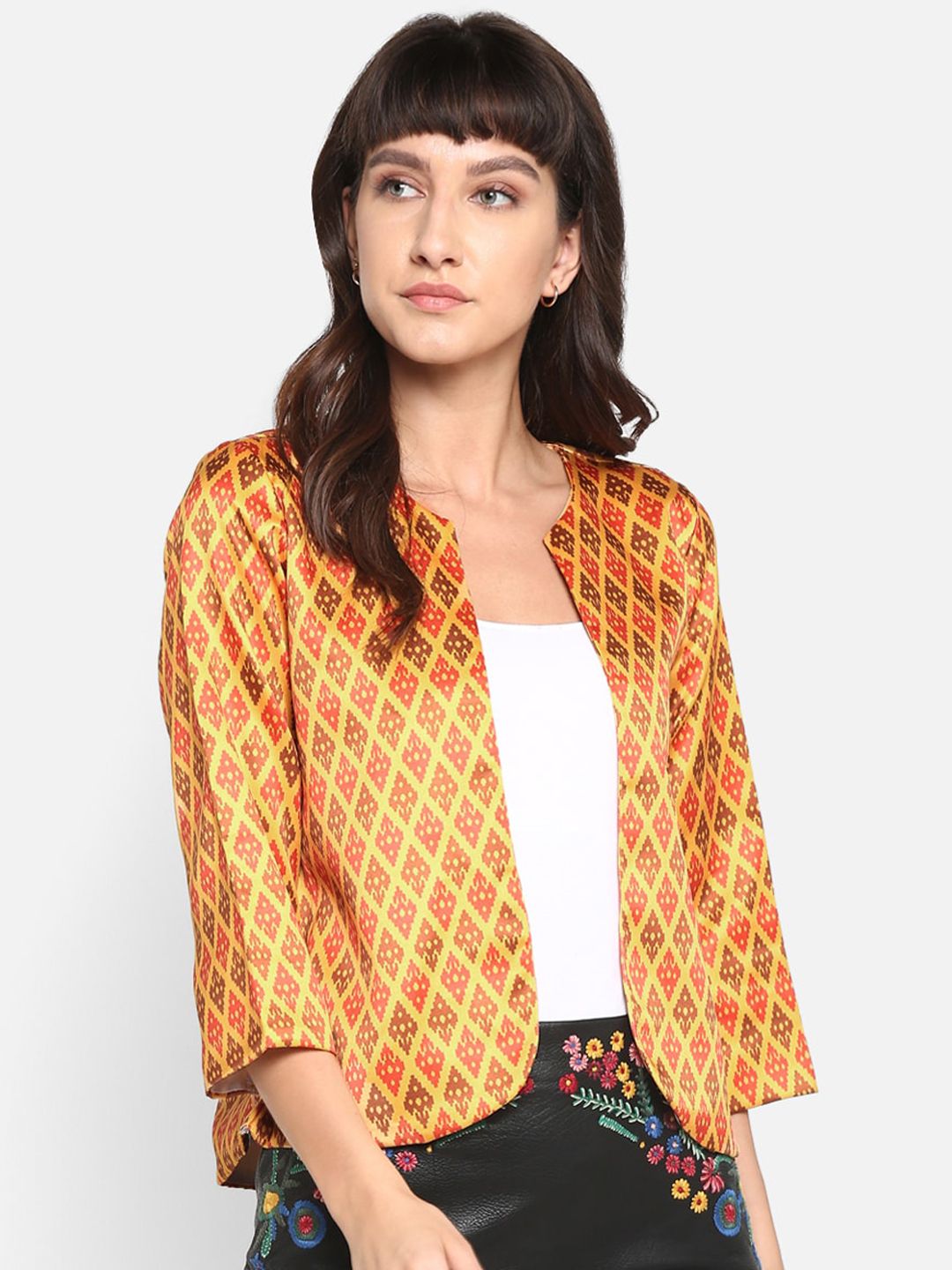 Hangup Women Mustard Yellow & Red Printed Lightweight Jacquard Open Front Jacket Price in India