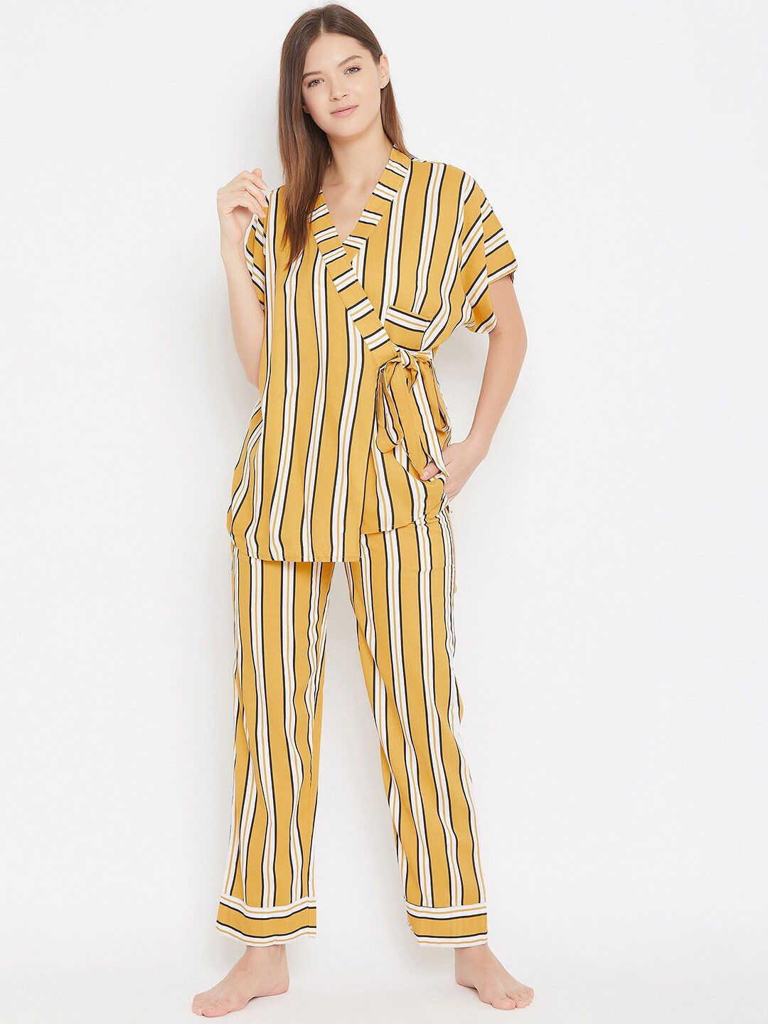 The Kaftan Company Women Mustard & White Striped Night suit Price in India