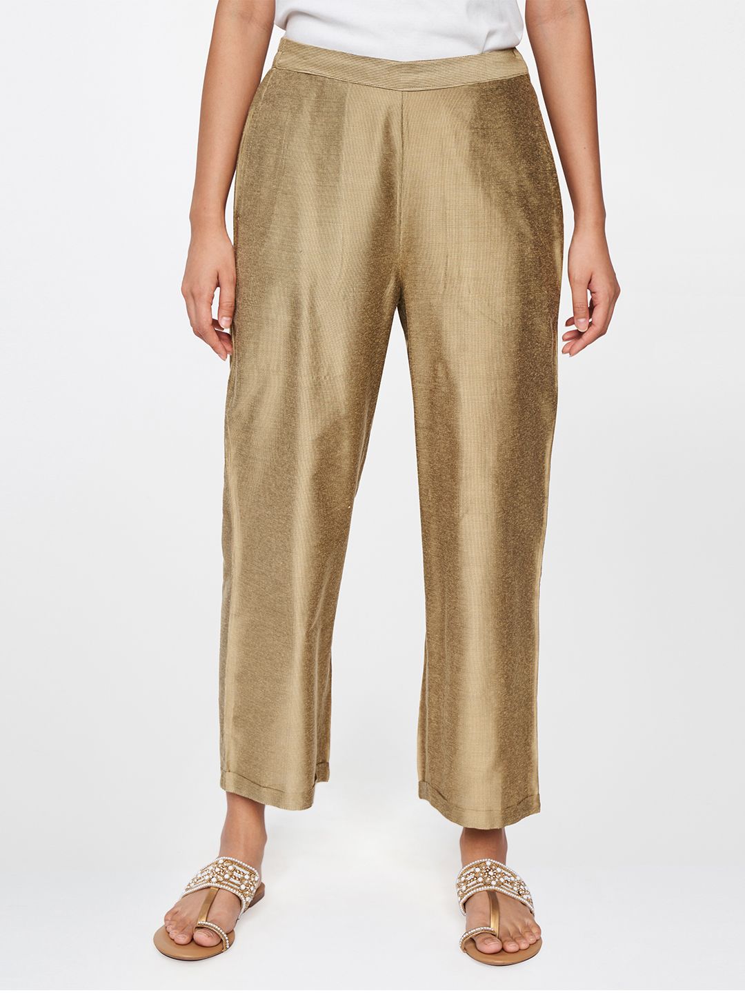 Global Desi Women Beige Striped Parallel Trousers Price in India