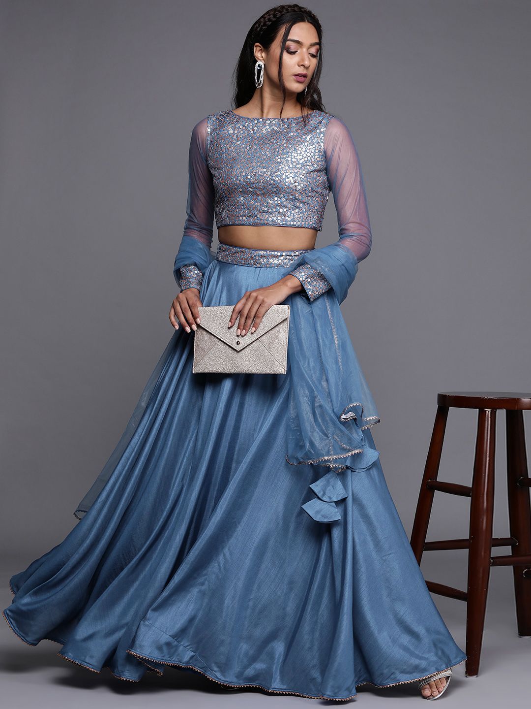 Inddus Blue & Silver-Toned Embellished Sequinned Semi-Stitched Lehenga & Unstitched Blouse With Dupatta Price in India