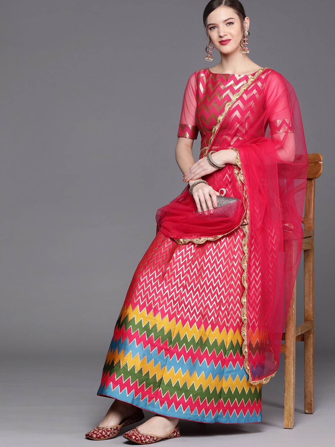Inddus Red & Gold-Toned Printed Semi-Stitched Lehenga & Unstitched Blouse With Dupatta Price in India