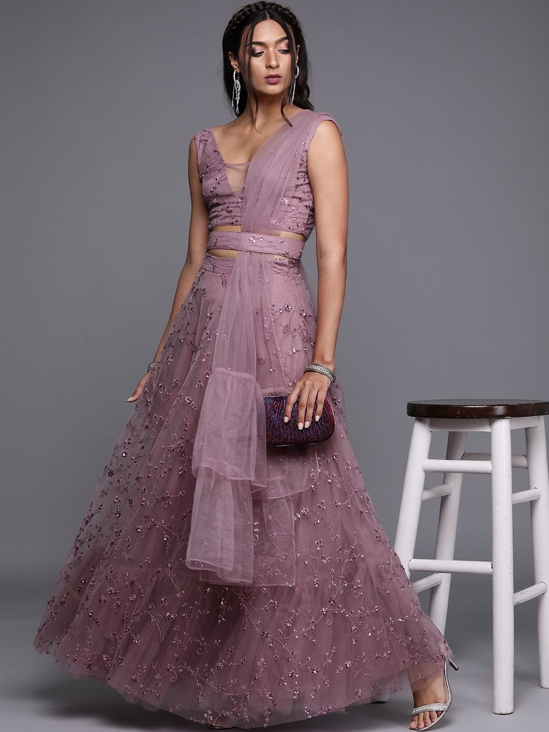 Inddus Mauve Embroidered Semi-Stitched Lehenga & Unstitched Blouse With Dupatta