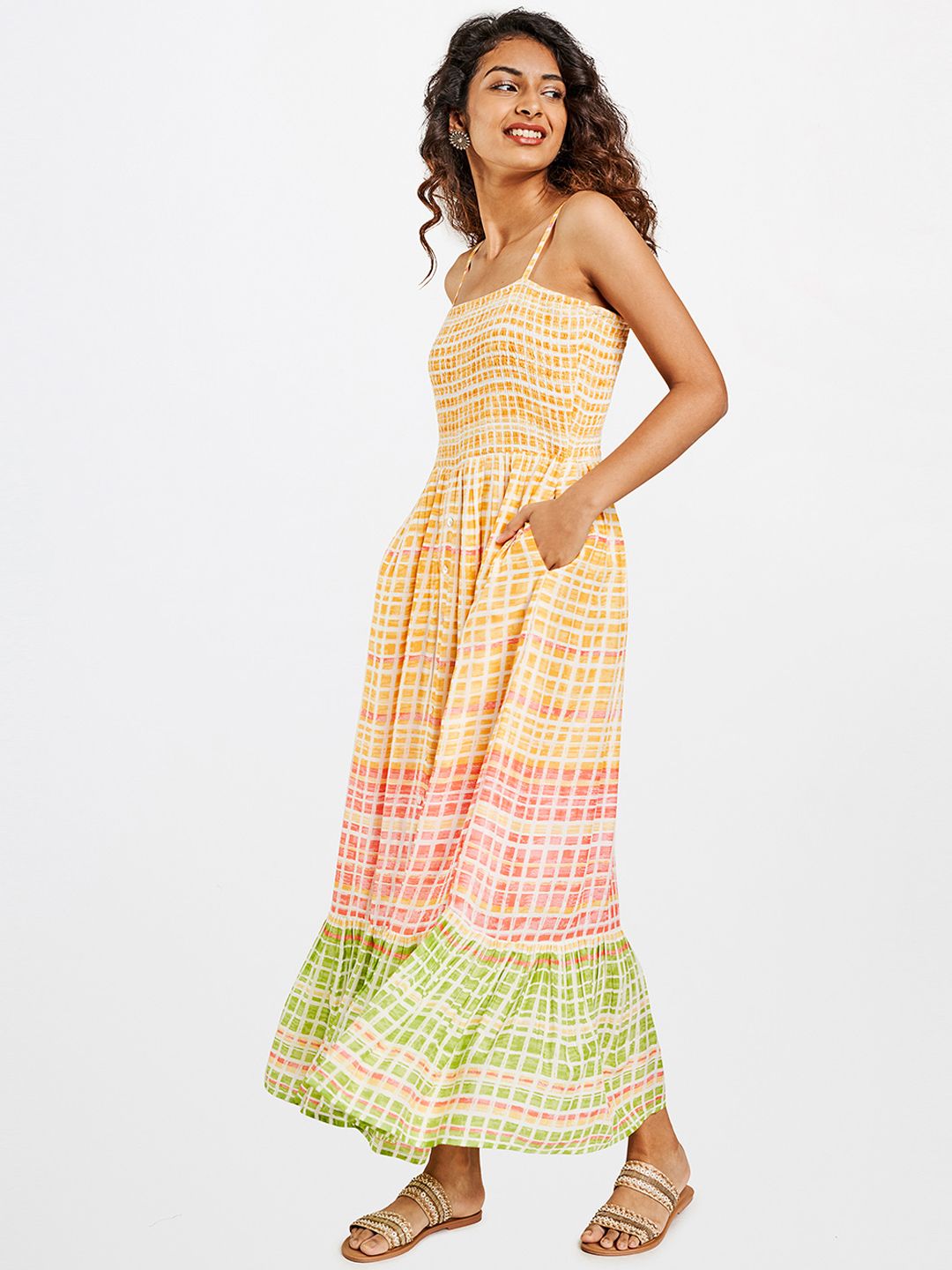 Global Desi Women Yellow & White Printed Fit &Flare Maxi Dress Price in India