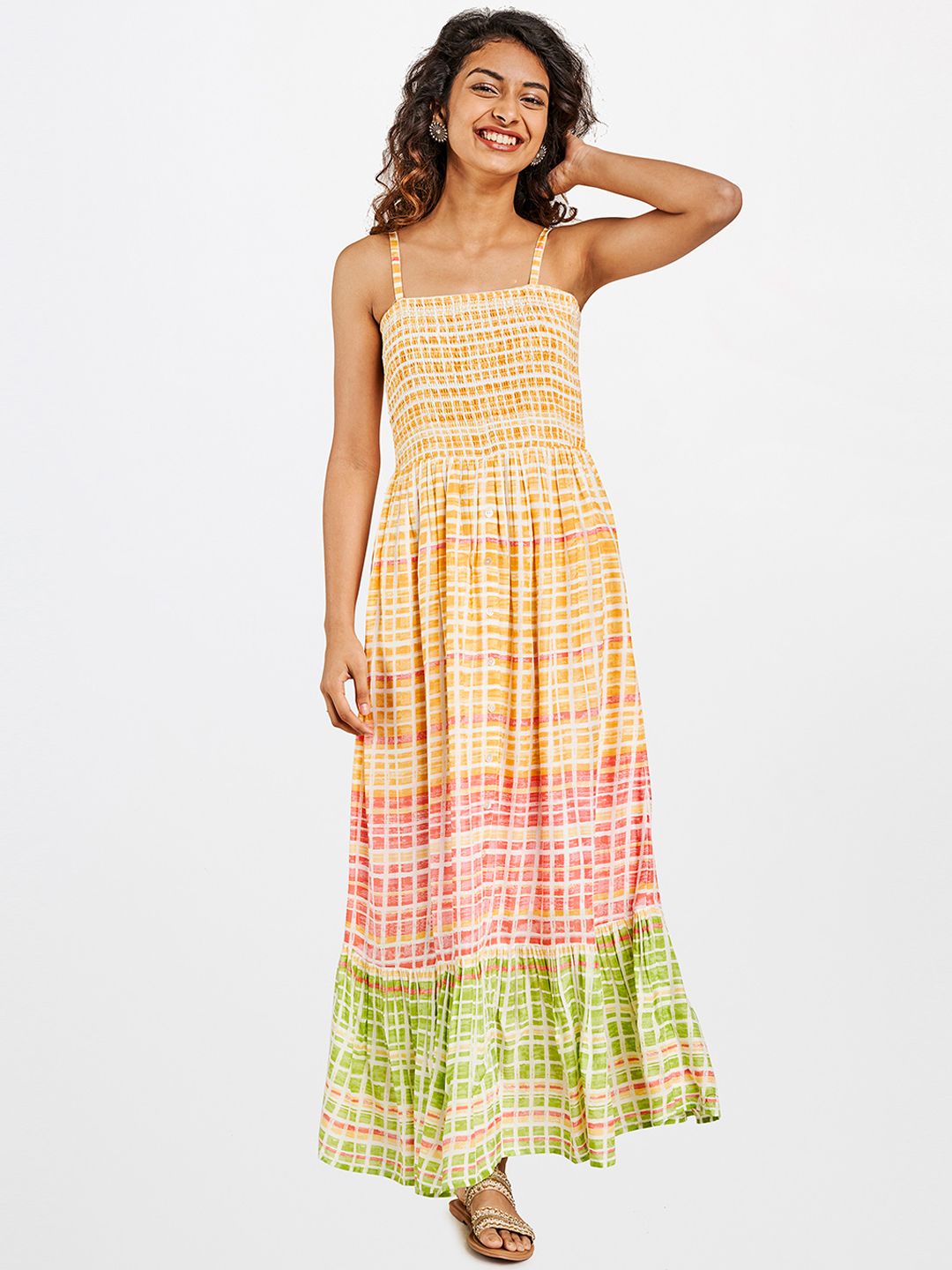 Global Desi Multicoloured Checked Maxi Dress Price in India