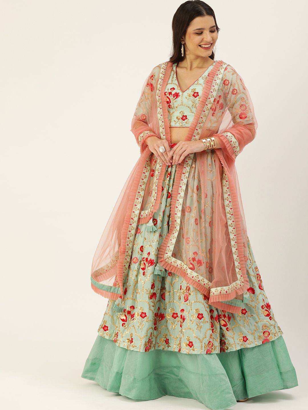 Ethnovog Blue  Pink Embroidered Made to Measure Lehenga  Blouse With Dupatta Price in India