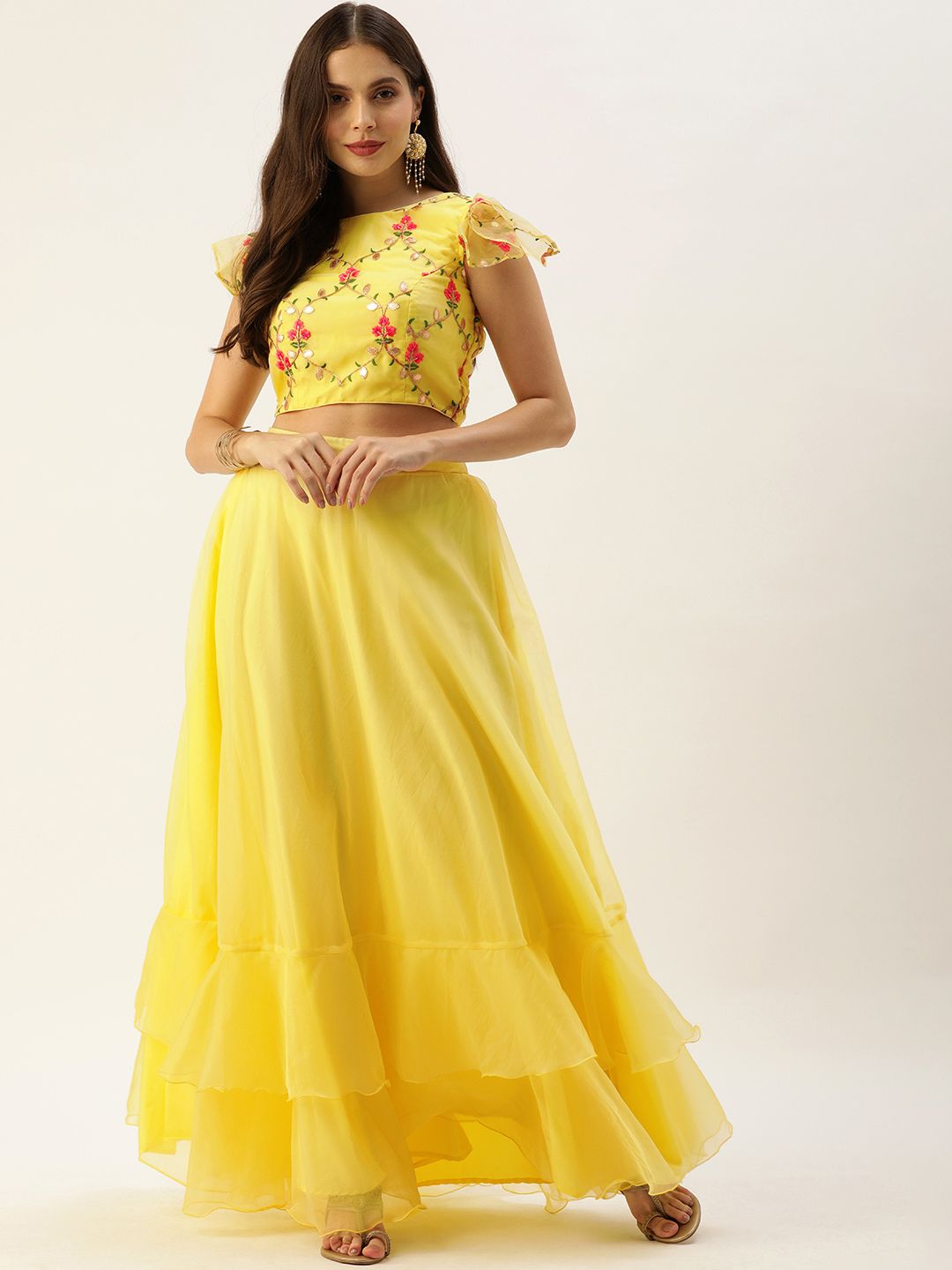 EthnoVogue Women Yellow & Golden Made to Measure Embellished Top with Skirt Price in India