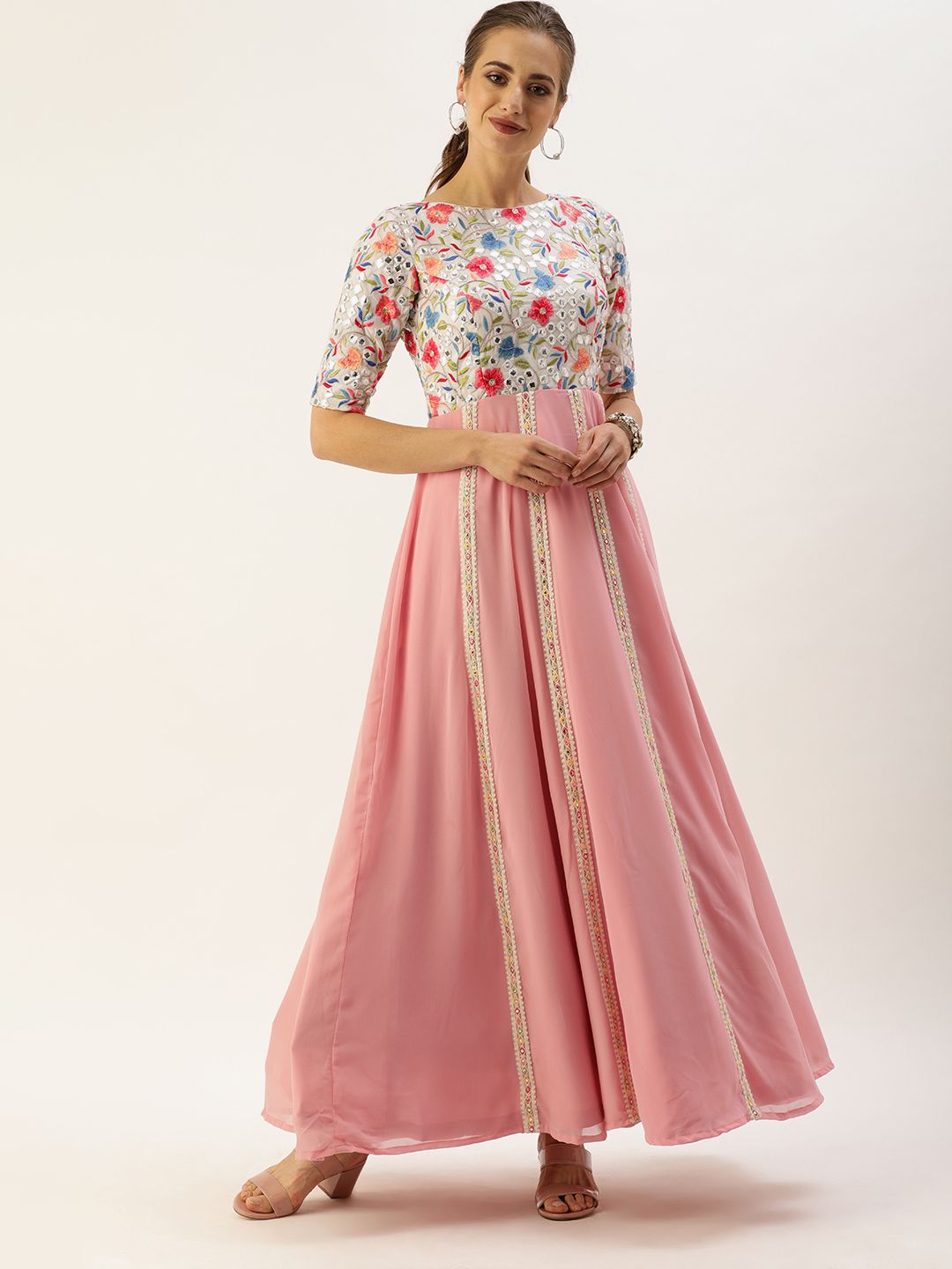 EthnoVogue Off White & Peach-Coloured Embroidered Made to Measure Maxi Dress Price in India