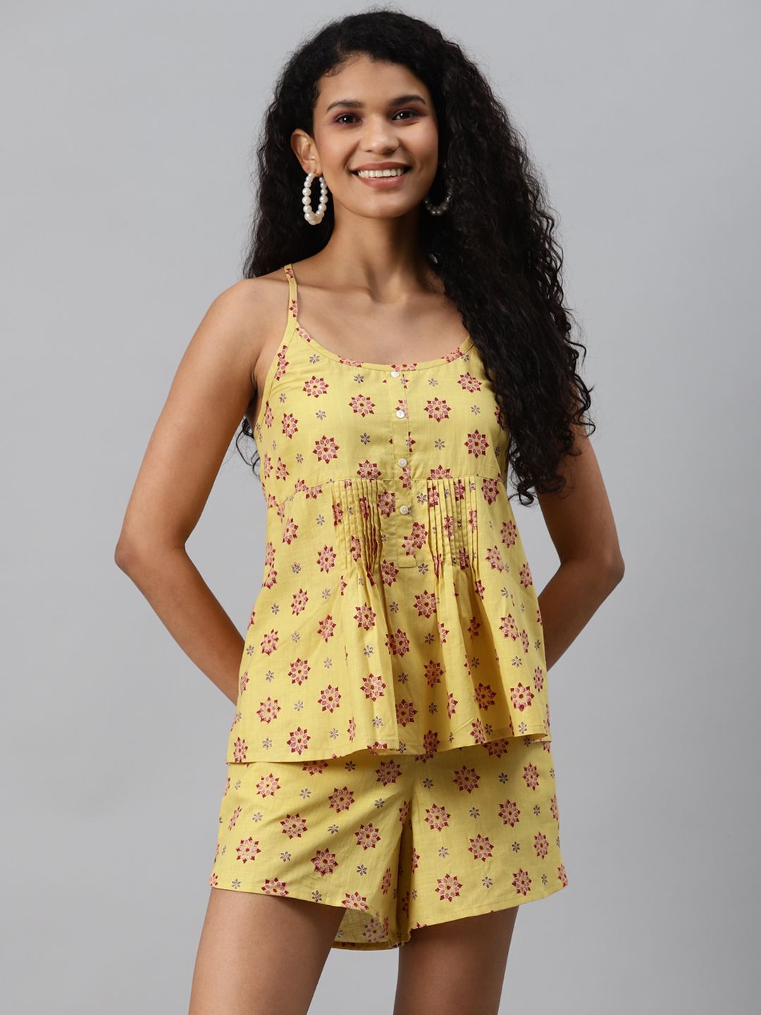 Fabindia Women Yellow & Red Cotton Hand Block Printed Top with Shorts