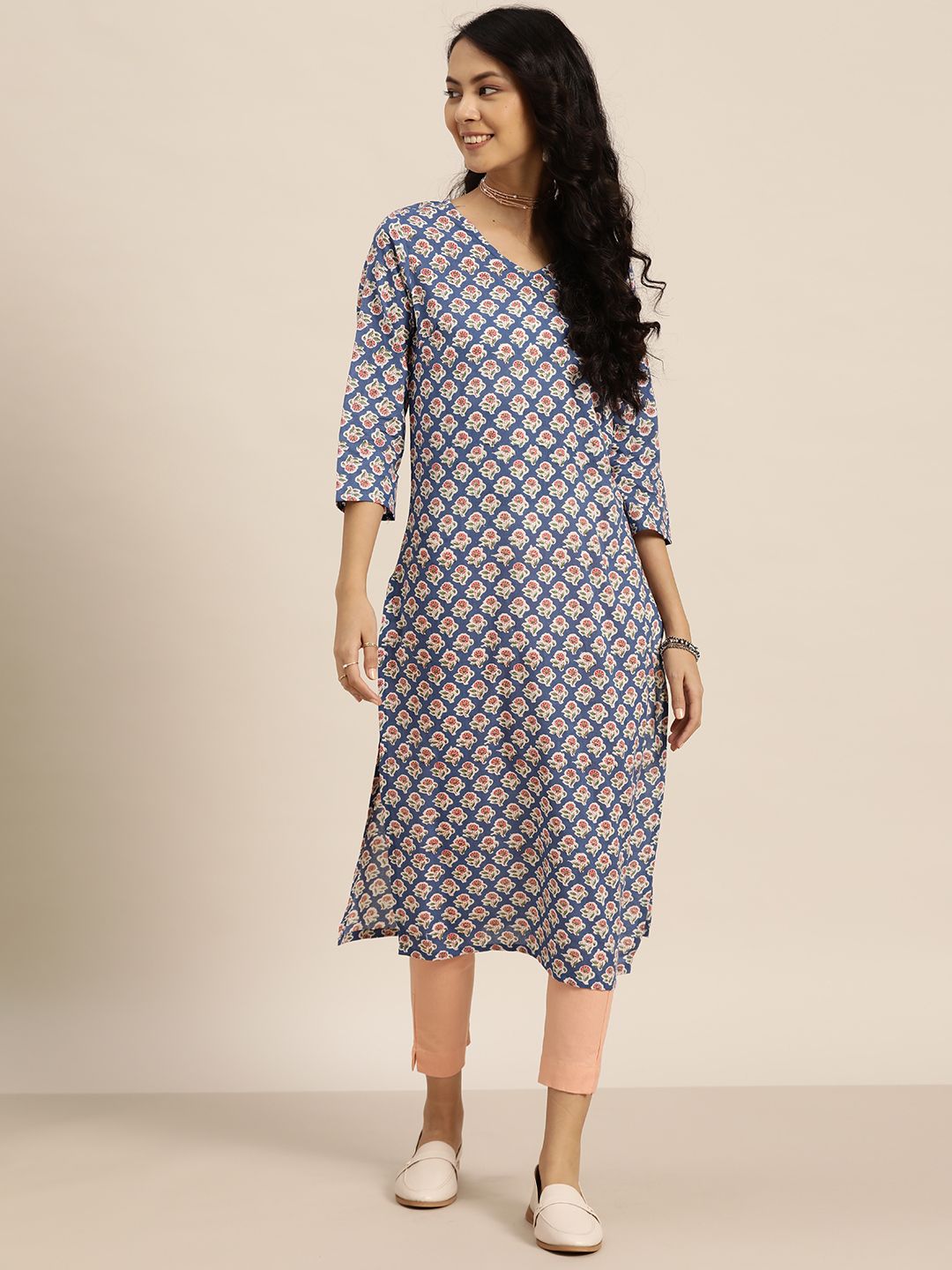 Sangria Women Blue & White Ethnic Motifs Printed Pure Cotton Kurta